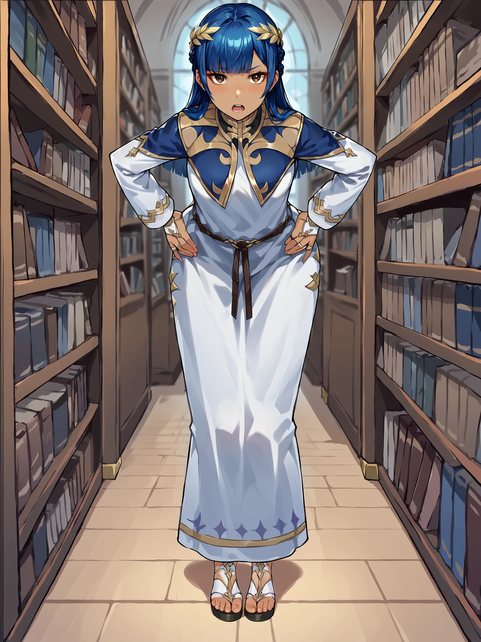 score_9, score_8_up, score_7_up, score_6_up, source_anime, BREAK
1girl, solo, <lora:Genshin_NPC_Setaria_Pony_v1:0.8>, (beautiful scenery, ultra-detailed, library, indoors:1.5), (young, cute, pretty:1.2), detailed face, detailed eyes, dark-skinned female,blue hair, blunt bangs, long hair, brown eyes, makeup, crown braid, laurel crown, (long dress:1.5), (capelet:1.3), belt, (long sleeves:1.1), gold trim, bridal gauntlets, long hair, standing, (sandals:1.1), thin waist, (wide hips:1), hands on hips, (pov:1.3), annoyed, lecturing, tilting head, open mouth, (feet apart:1.5), looking at viewer, (leaning forward:1.3),