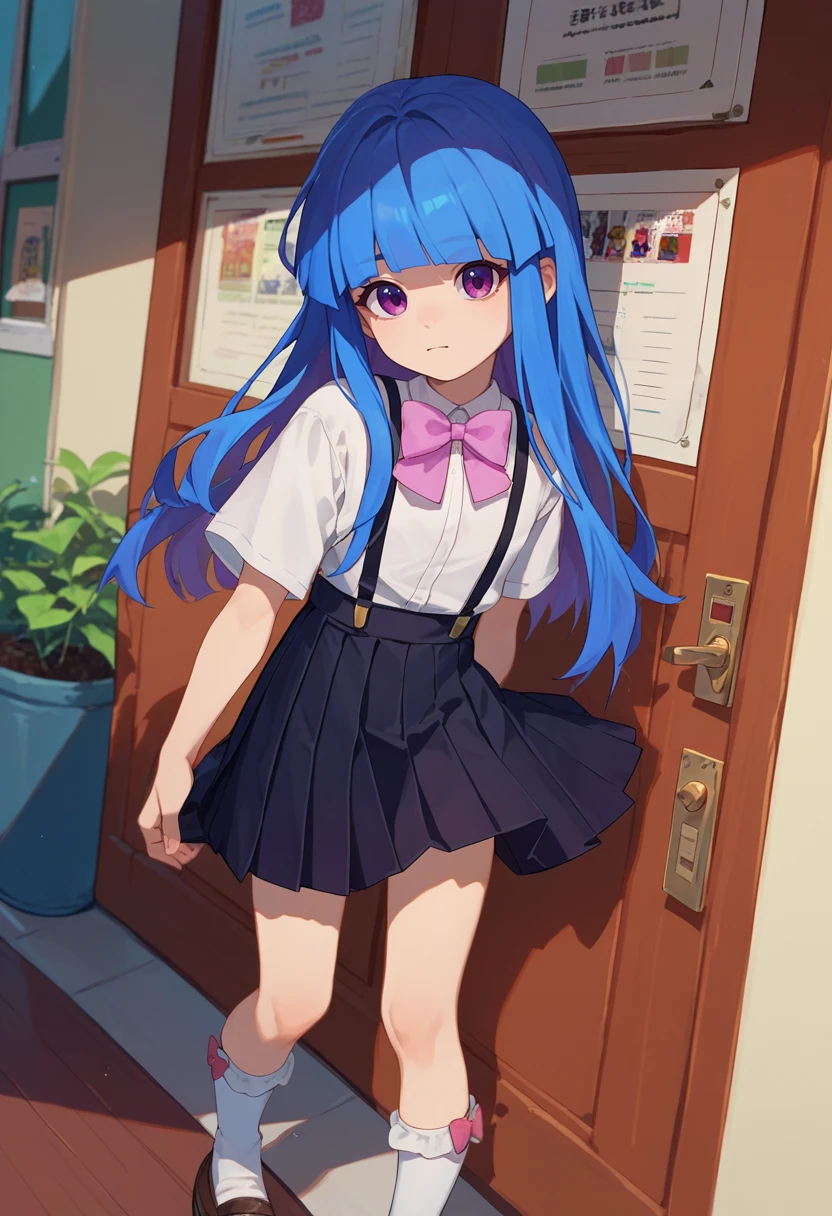 score_9, score_8_up, score_7_up, source_anime, 1girl, furude rika, blue hair, purple eyes, white shirt, pink bow, suspenders, black skirt, white socks,   <lora:Furude Rika-000010:1>