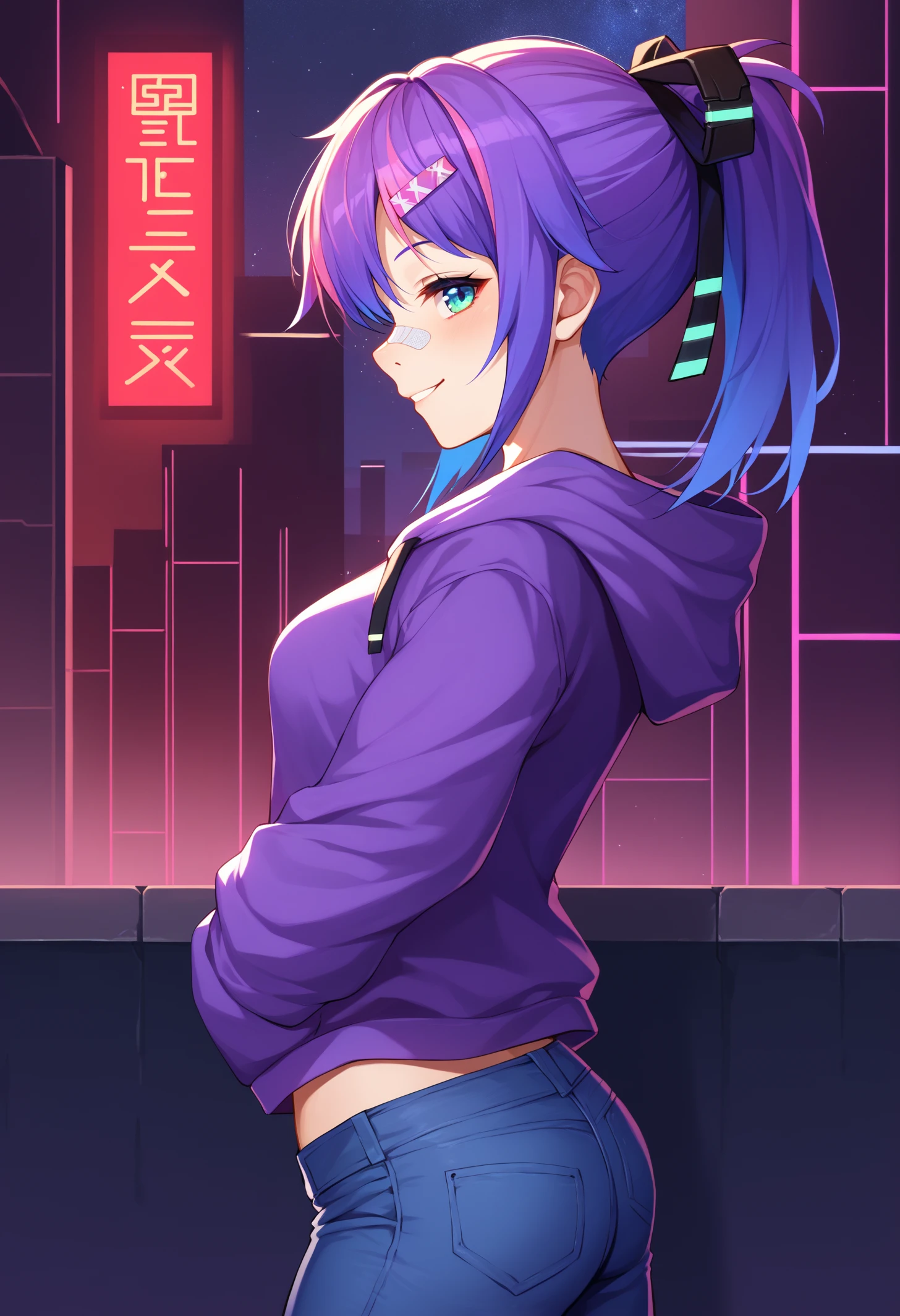 score_9, score_8_up, score_7_up, BREAK 1girl, solo, ProjektMelodyOriginal, bandaid on nose, medium breasts, <lora:ProjektMelodyOriginalPDXL_V1-Manityro-CAME:1.0>, outdoors, cyberpunk city, dark, night, starry sky, purple theme, three-quarter view, from side,
looking at viewer, smile, blush, toned,
short hair, ponytail, hair ribbon, hairclip, purple hoodie, jeans
