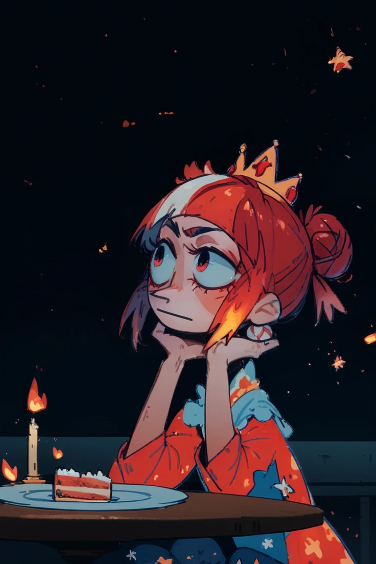score_9, score_8_up, score_7_up, 1girl, solo, at the table, night, starry sky, Firebrick heart hair bun, hands at chin, <lora:smr03_pony-5:1>, smr03, pointy nose, outdooors, comet in the sky, plate with little cake and one candle, crown