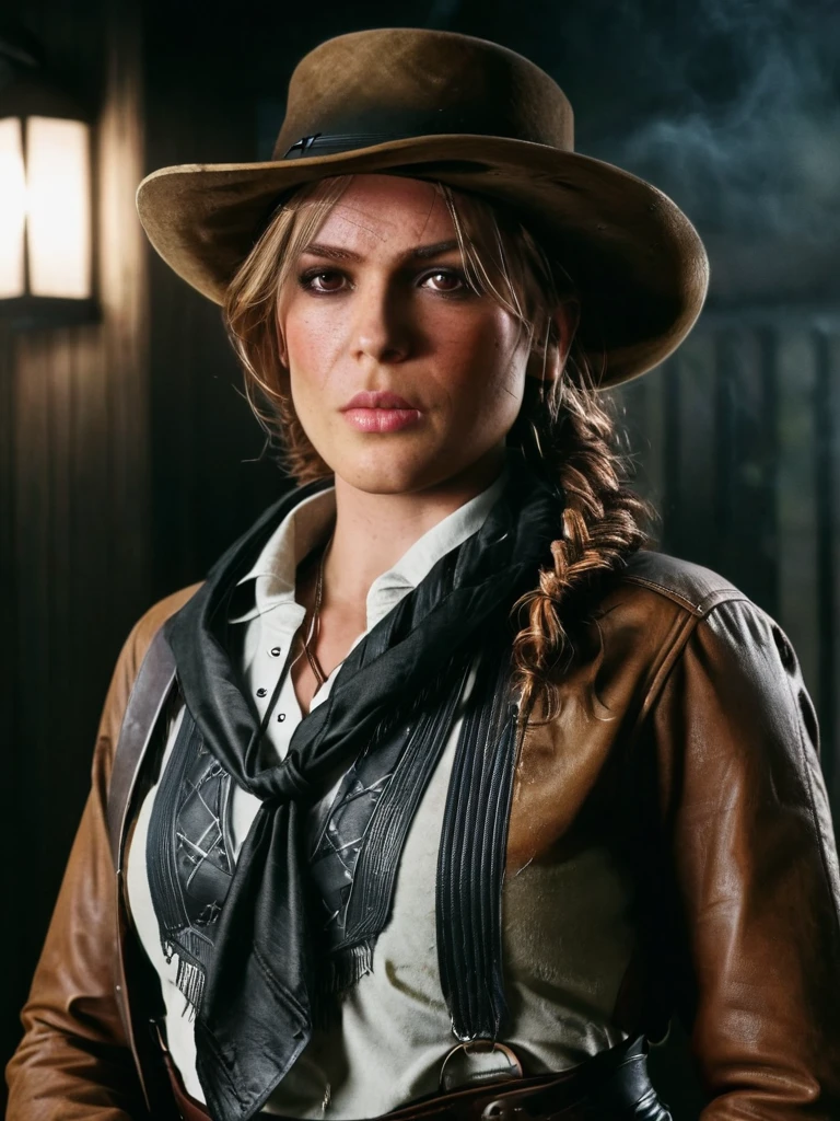 <lora:SadieAdler:1.2>, SadieAdler, braided blonde hair, wearing a brown leather duster coat, a white shirt, a black neckerchief, black trousers, black leather chaps, dark brown boots and a bandolier, and a dark brown hat, , <lora:skin_4:0.3>, <lora:SDXL_DetailedEyes_V3:1>, <lora:Perfect Hands:0.7>, <lora:add-detail-xl:1>, <lora:SDXL_more_details:1>, <lora:SDXL_extremely_detailed:1> ,
 scared, nervous, medium shot, (masterpiece, high resolution, Technicolor filmstill:1.3), the most hauntingly resplendent woman, (piercing gaze:1.2), (dark allure:1.1), ojou-sama pose in a trying dock at late morning, casting eerie shadows, (intense expression:1.1), (whispers of the night:1.2), reaching out like skeletal fingers, (alarming atmosphere:1.2), (direful presence:1.1), shot on a 35mm Arriflex camera with an Angenieux 25-250mm f/3.2 lens, adding a cinematic quality to the haunting scene, a captivating blend of beauty and darkness in a Technicolor filmstill that evokes an ethereal sense of otherworldly enchantment, perfect eyes