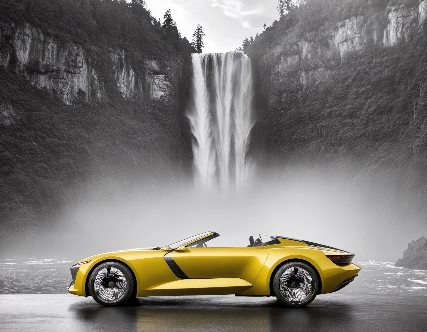 Audi, The image features a black sports car with a convertible top parked, This is a black and white photo of a man standing in front of a waterfall, with a car in the background. The man is wearing a yellow raincoat, which contrasts with the black and white color scheme of the image. The waterfall is a beautiful natural feature, adding to the overall aesthetic of the scene.