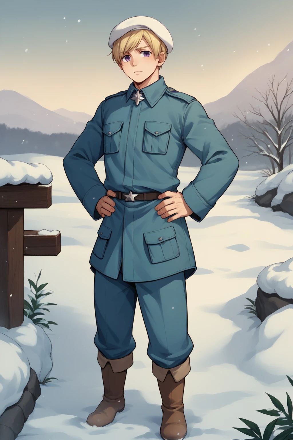 score_9, score_8_up, source_anime, 1boy, male focus, solo, <lora:NSFinlandHetalia:1>  NSFinlandHetalia  purple eyes, blonde hair, blue military uniform, brown tall boots, white hat, beret, snow, outdoors, looking at the viewer, hands on hips