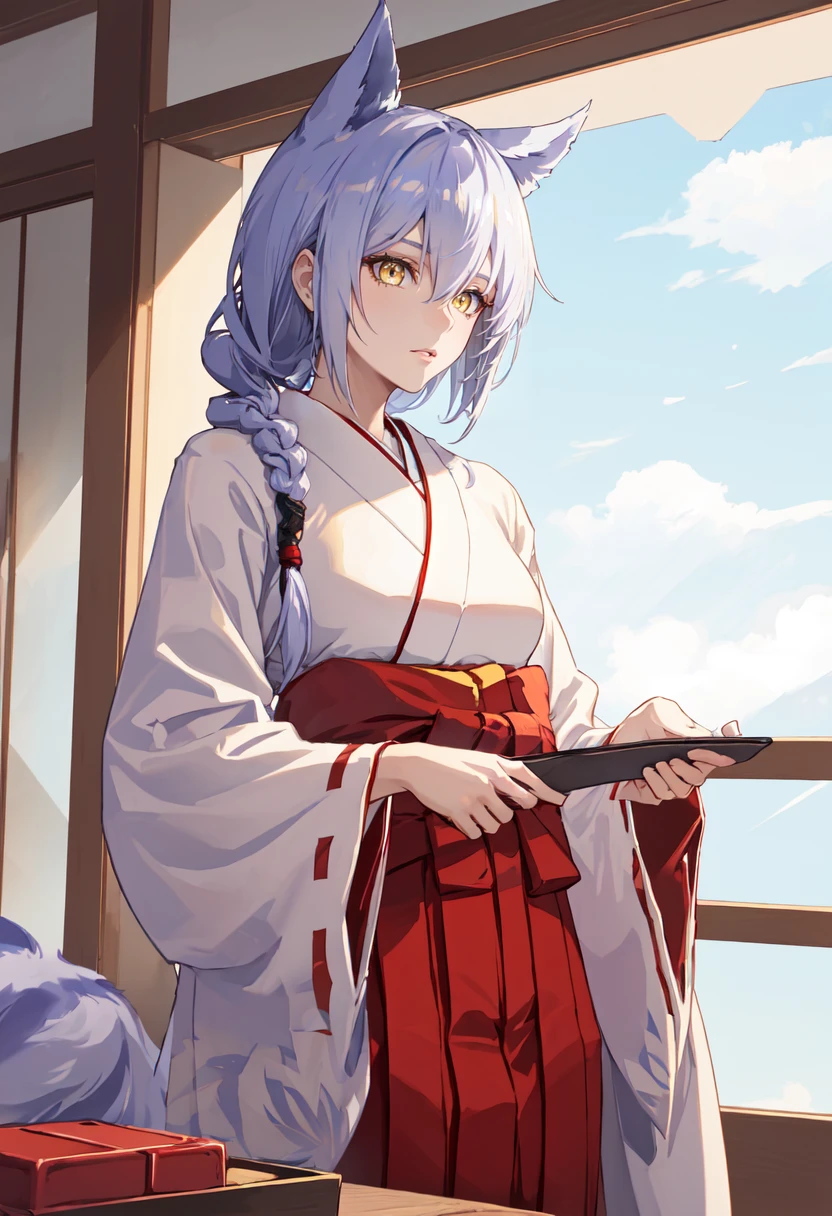 best quality, masterpiece, highres, solo, (provence_arknights:1.10), (white kimono:1.35), (red hakama:1.35), (wide sleeves:1.20), 16 <lora:provence_arknights:0.80>