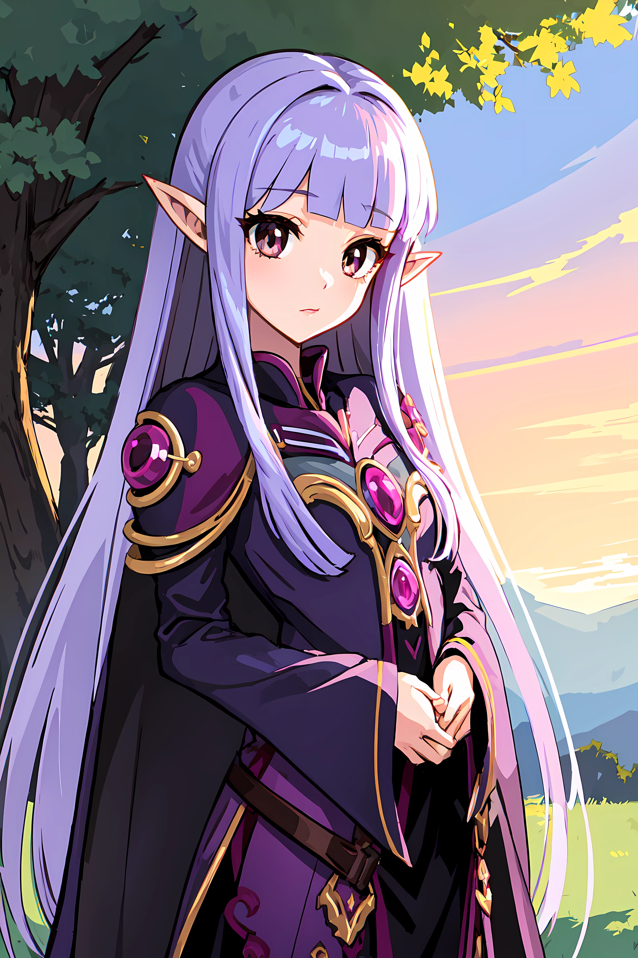 <lora:LunaCCv1:0.7> luna, masterpiece, best quality, 1girl, solo, pointy ears, long hair, purple hair, (brown) eyes, outdoors