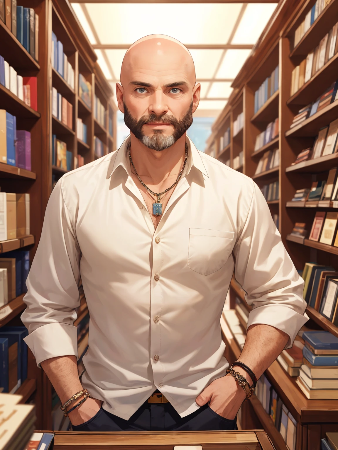 A handsome bald man inside a small bookshop with a beard wearing a modern ivory shirt and bracelets