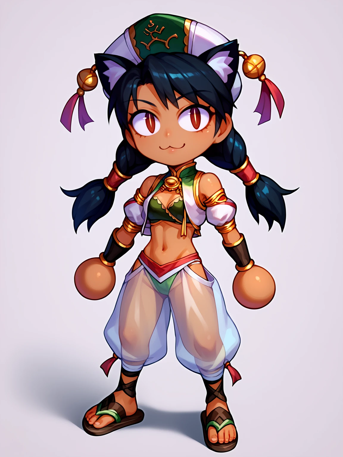 score_9, score_8_up, score_7_up, BREAK,
1girl, necoarc, cat ears,
talim, hat, black hair, twintails, braid, dark skin, navel, midriff, see-through harem pants, sandals,
standing, chibi, slit pupils, solo, full body, white background <lora:necoarc-guy-PONY-v1:1>    <lora:TalimXL:1>
