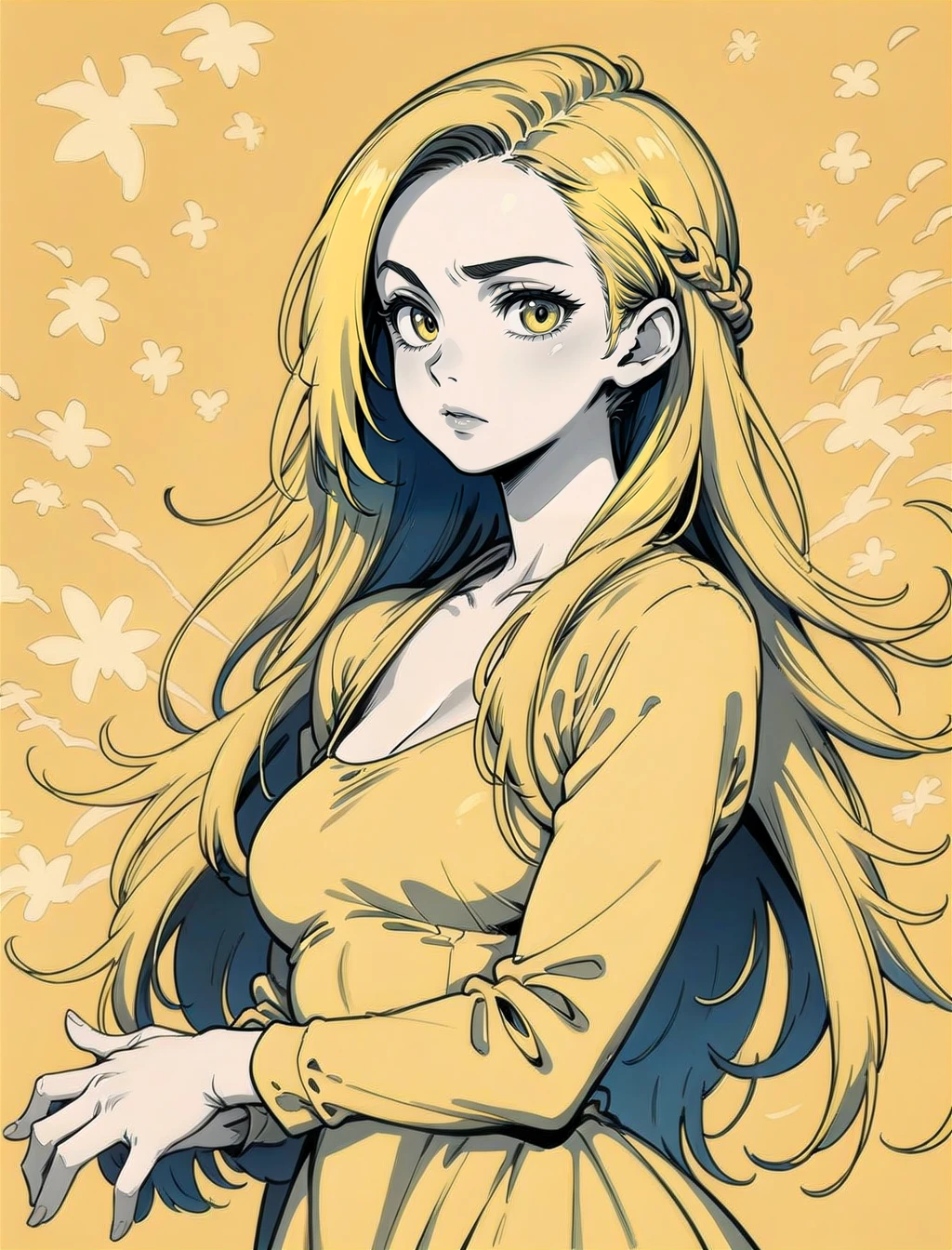 score_9, score_8_up, score_7_up, yellow theme, woman in yellow dress, (monochrome:1.2), long hair, yellow eyes, abstract background <lora:OttoPony:1>