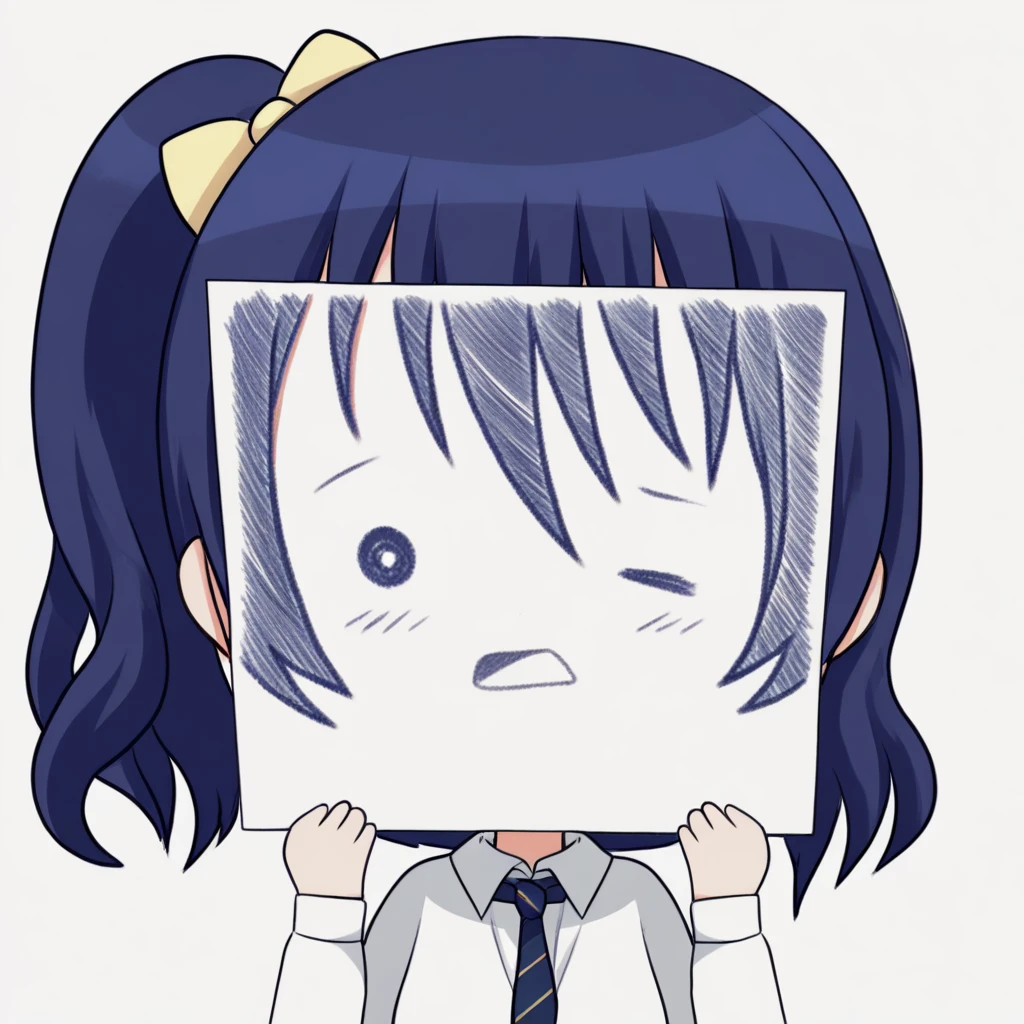 score_9, score_8_up, score_7_up, <lora:PaperLikeFacePony:0.8>
PaperLikeFace, 1girl, solo, long hair, simple background, blue hair with side ponytail, white background, holding, twintails, upper body, hair bow in yellow, chibi style, blush, one eye closed, wearing a collared shirt with a tie, open mouth, triangle mouth,