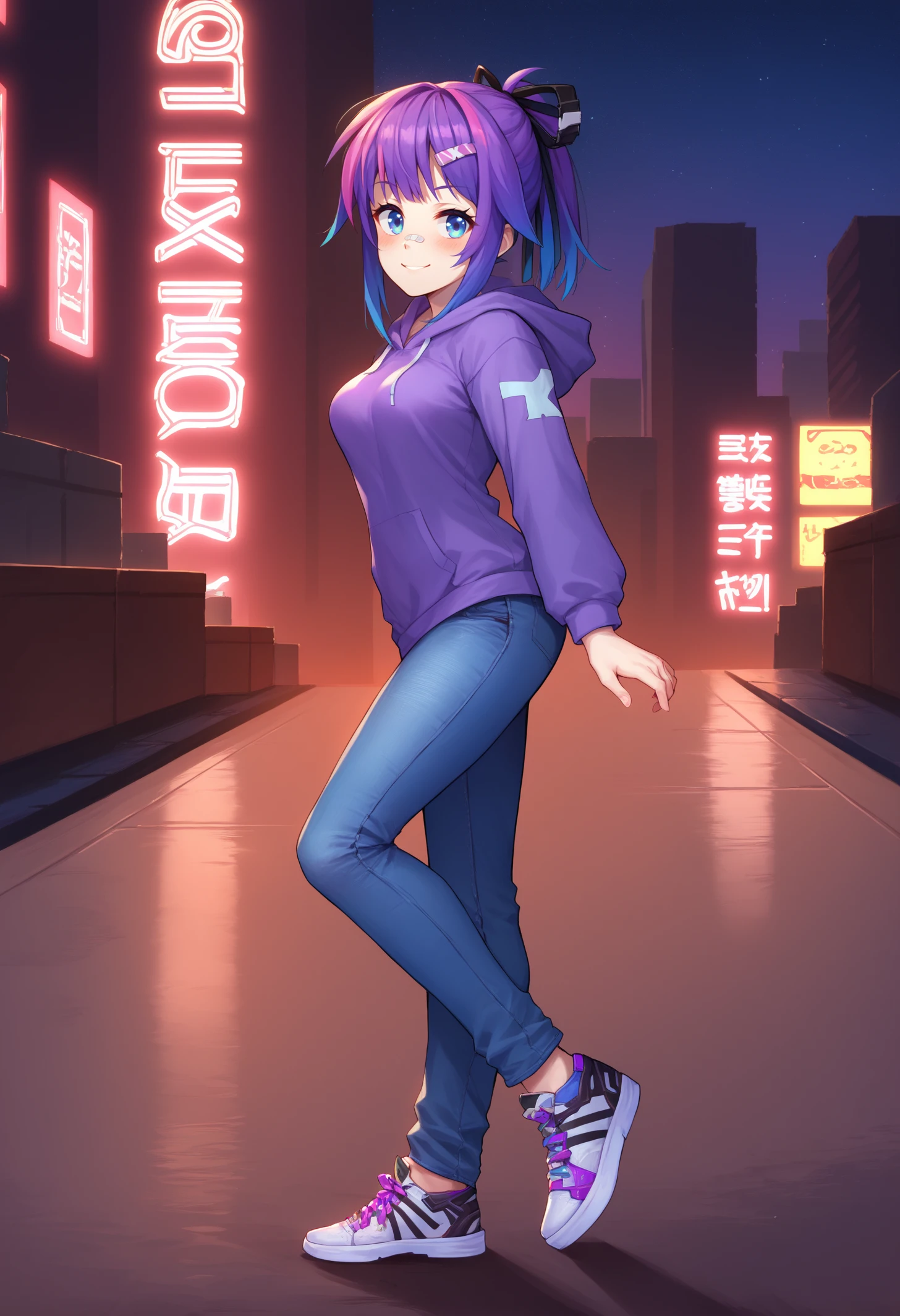 score_9, score_8_up, score_7_up, BREAK 1girl, solo, ProjektMelodyOriginal, bandaid on nose, medium breasts, <lora:ProjektMelodyOriginalPDXL_V1-Manityro-CAME:1.0>, outdoors, full body, cyberpunk city, dark, night, starry sky, purple theme, side view, straight on,
looking at viewer, smile, blush, toned, walking,
short hair, ponytail, hair ribbon, hairclip, purple hoodie, jeans