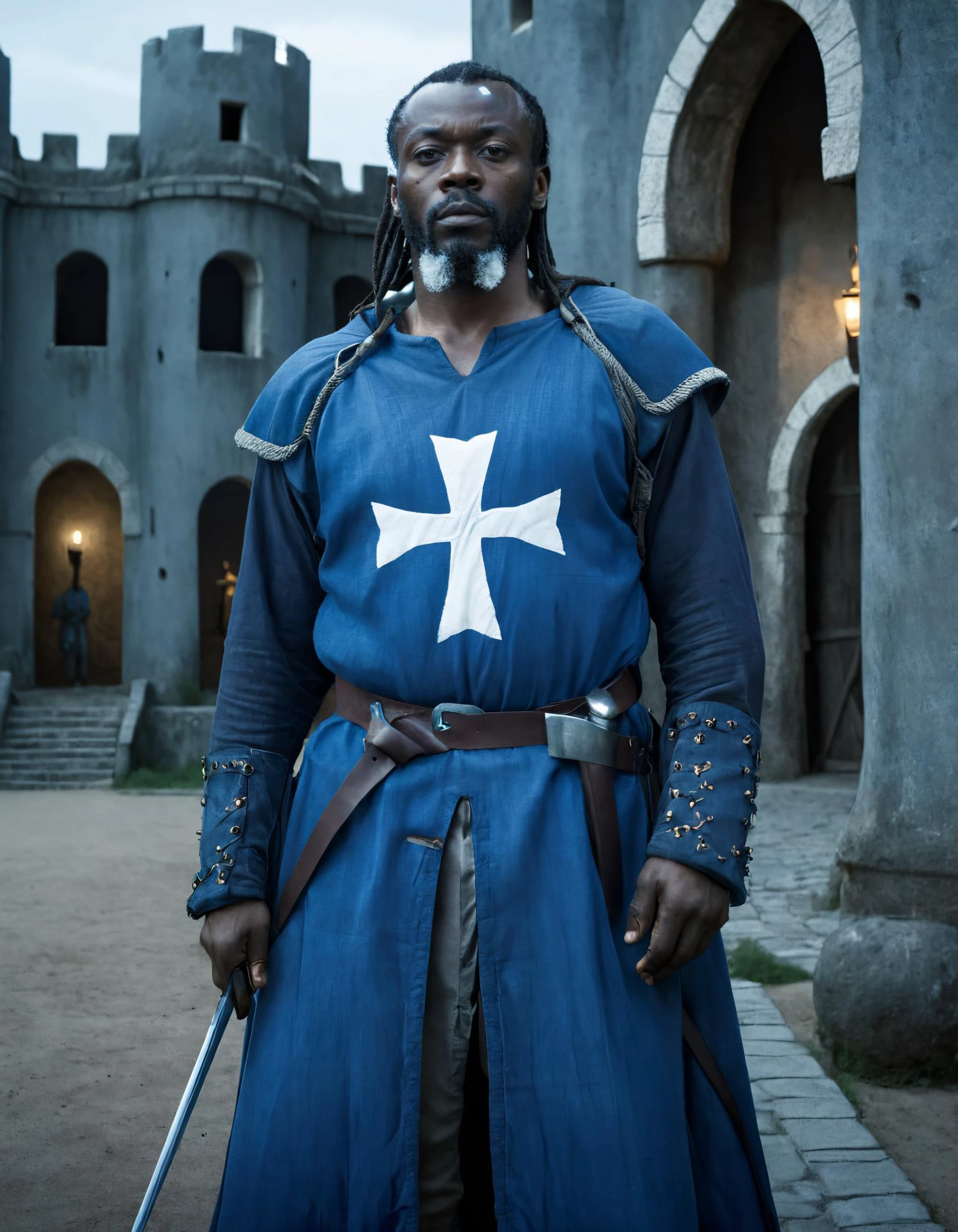 cinematic still of Chibuike Enyinnaya wearing blue t3mpl4rtunic with a white cross, long grey beard, belt, holstered sword, standing in front of an african castle, africa, medieval, epic composition, stunning environment, dim lighting, UHD, dusk, darkness, <lora:templarclothesxl:0.9>, <lora:offset_0.2:0.4>