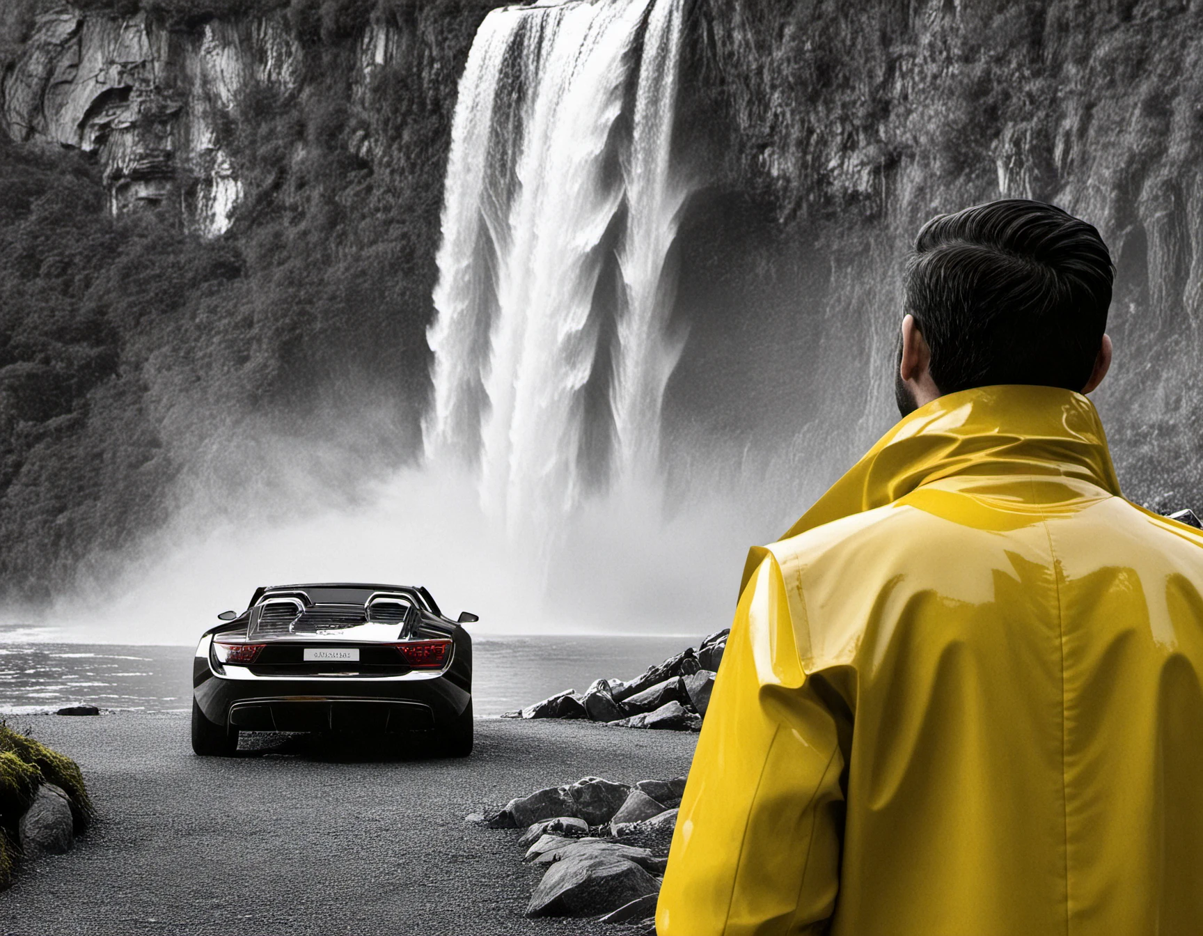 Audi, The image features a black sports car with a convertible top parked, This is a black and white photo of a man standing in front of a waterfall, with a car in the background. The man is wearing a yellow raincoat, which contrasts with the black and white color scheme of the image. The waterfall is a beautiful natural feature, adding to the overall aesthetic of the scene.