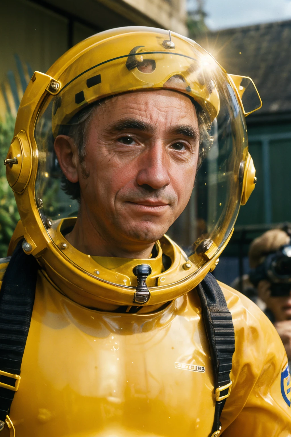 4k, photo, realistic,best quality,1boy,man, an underwater scene with  sir Humphrey  wearing a yellow diving suit, smile, and is wearing a transparent spherical helmet.
yes minister,, Nigel Hawthorneï¼ <lora:sirhumphreylora:1>