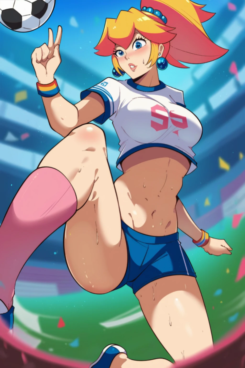 Officer Jenny from Pokemon wearing a cheerleader outfit with a very short slutty skirt showing her huge ass and has a hand mark like a spanking on her huge ass while huge thick black cocks shoot cum into her mouth and her huge breasts and her huge ass