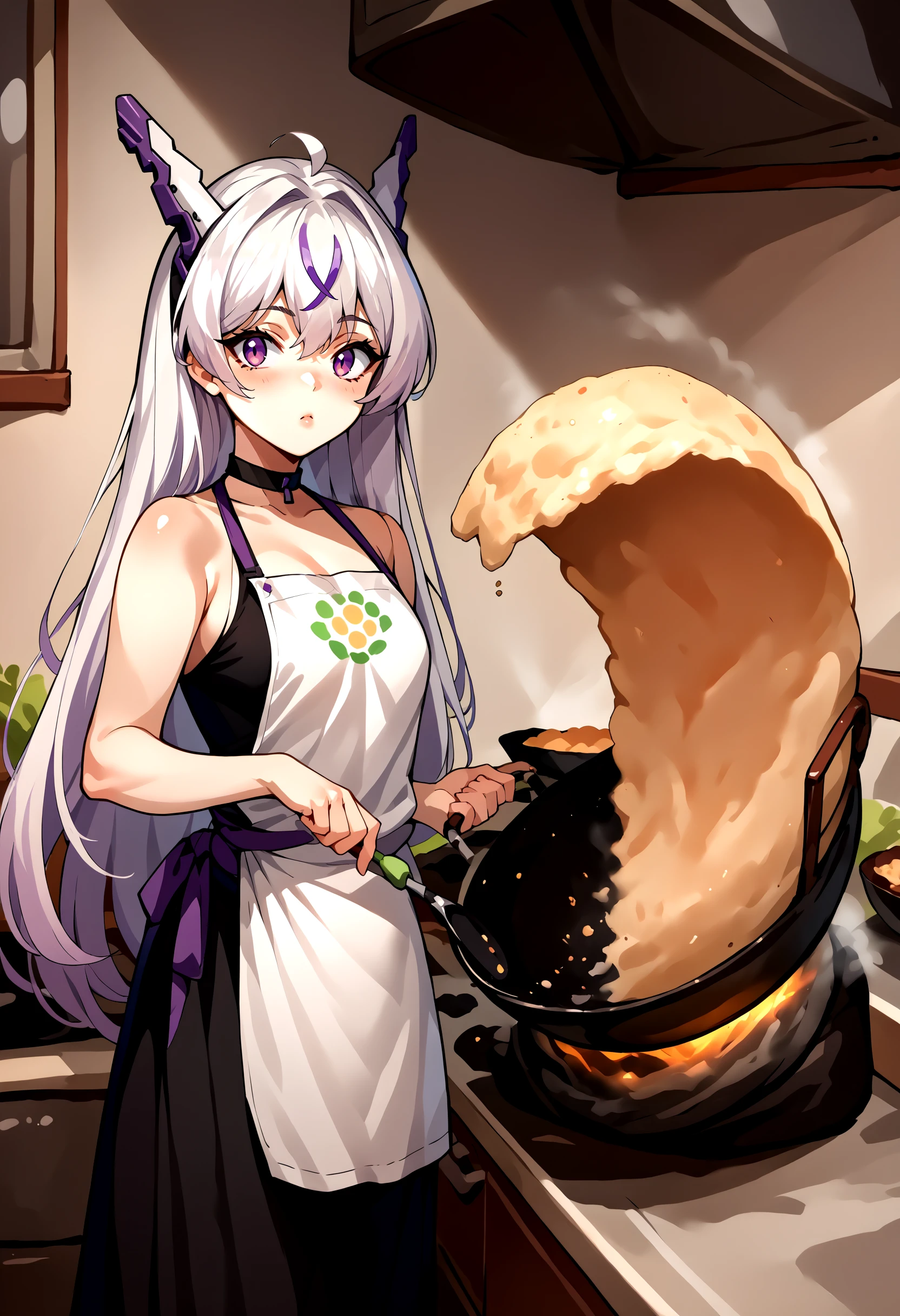 score_9, score_8_up, score_7_up, source_anime, 1girl, incrsfriedriceprankmeme, food, fried egg, frying pan, holding, kitchen, <lora:FriedRicePrankMeme_XLPD:1>, apron, <lora:MeinaXL:1> Meina, purple eyes, headgear, bare shoulders, black choker, white hair