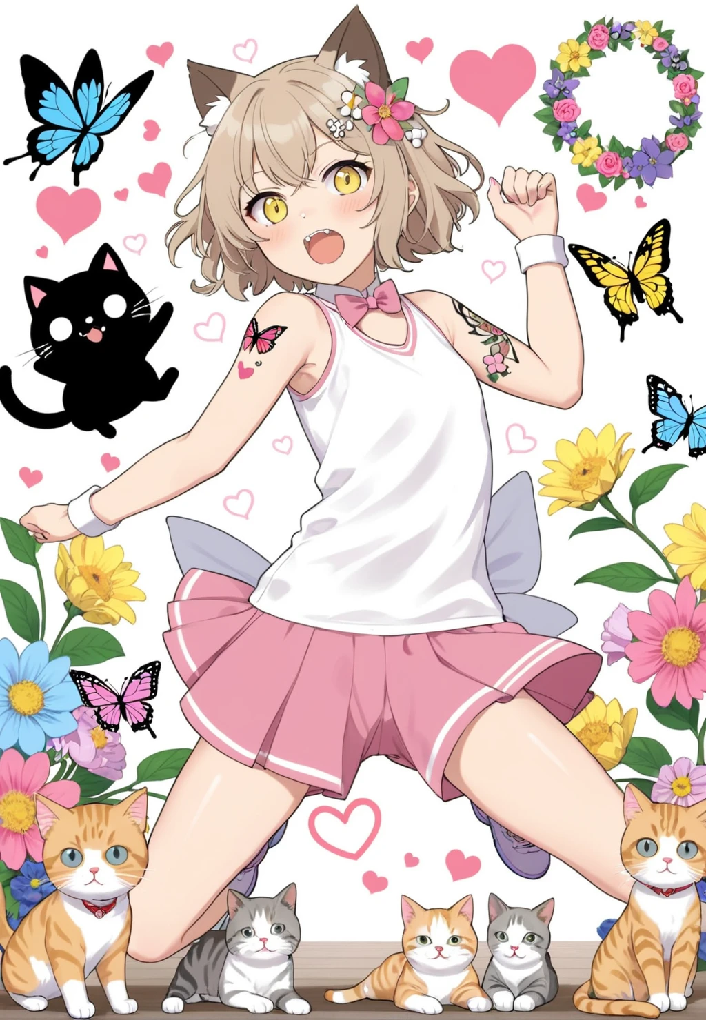 purumia, heart trace, figure, cat breakdancing \(meme\), butterfly tattoo, \\o/, flower wreath, doujin cover, >3<, angry dog noises, double v, pearl hair ornament, bird mask, tabby cat, how to
