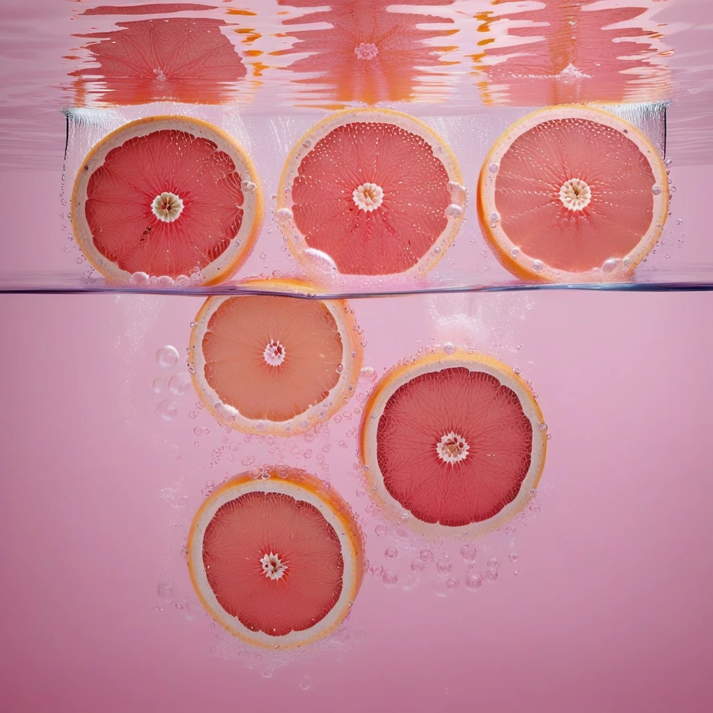 Image of pink grapefruits, grapefruit is cut into slices, the slices are sinking or floating gently in the water, slices are floating in a body of water, bubbles in water, rippling water, pink toned water, pink water, pink background scene, 