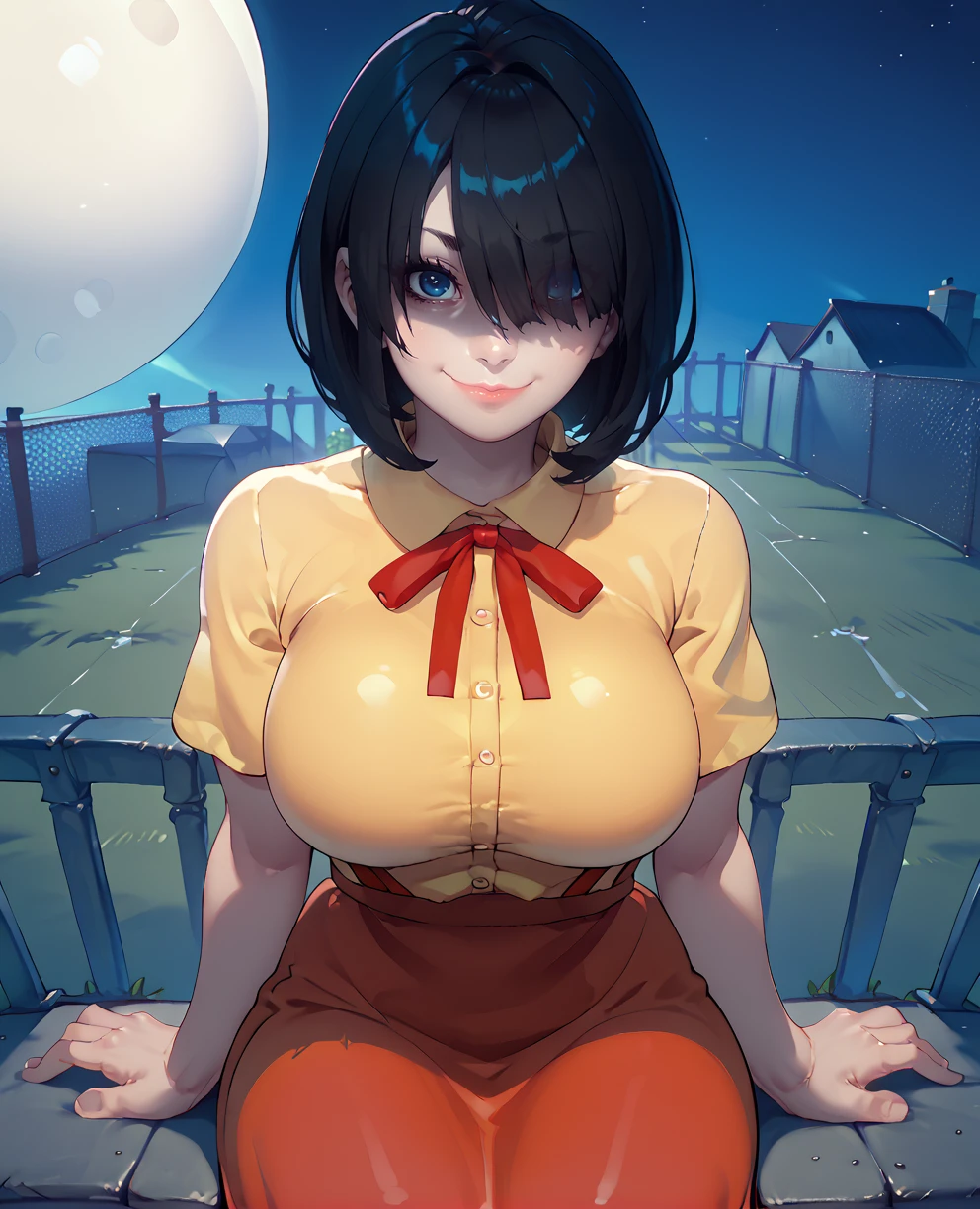 score_9,score_8_up,score_7_up,
hanakosanxl,blue eyes,black hair,bangs,shaded face,hair over one eye,looking at viewer,evil smile,large breasts,
yellow shirt,red suspenders,red skirt,breasts squeezed together,
sitting,
rooftop,fence,night,
<lora:hanakoSan:1>,