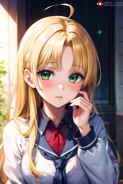 school uniform, 1girl, breasts, solo, long hair, green eyes, ahoge, blonde hair, blunt bangs, parted bangs, <lora:asia_argento-10:1>, BREAK
(masterpiece, best quality, ultra detailed, intricate details:1.2), beautiful detailed eyes, solo,  <lora:more_details:0.4>