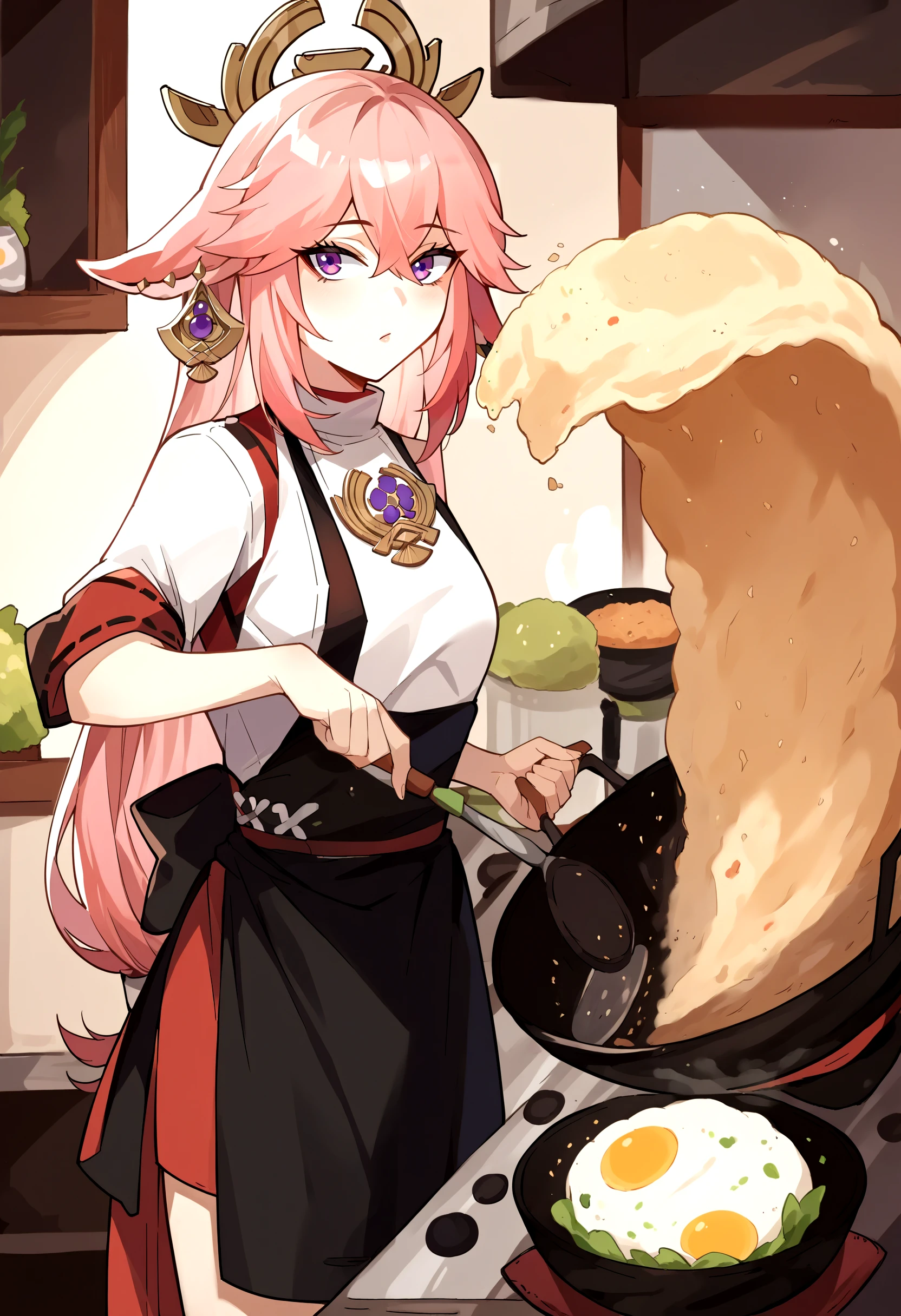 score_9, score_8_up, score_7_up, source_anime, 1girl, incrsfriedriceprankmeme, food, fried egg, frying pan, holding, kitchen, <lora:FriedRicePrankMeme_XLPD:1>, yae miko, apron,