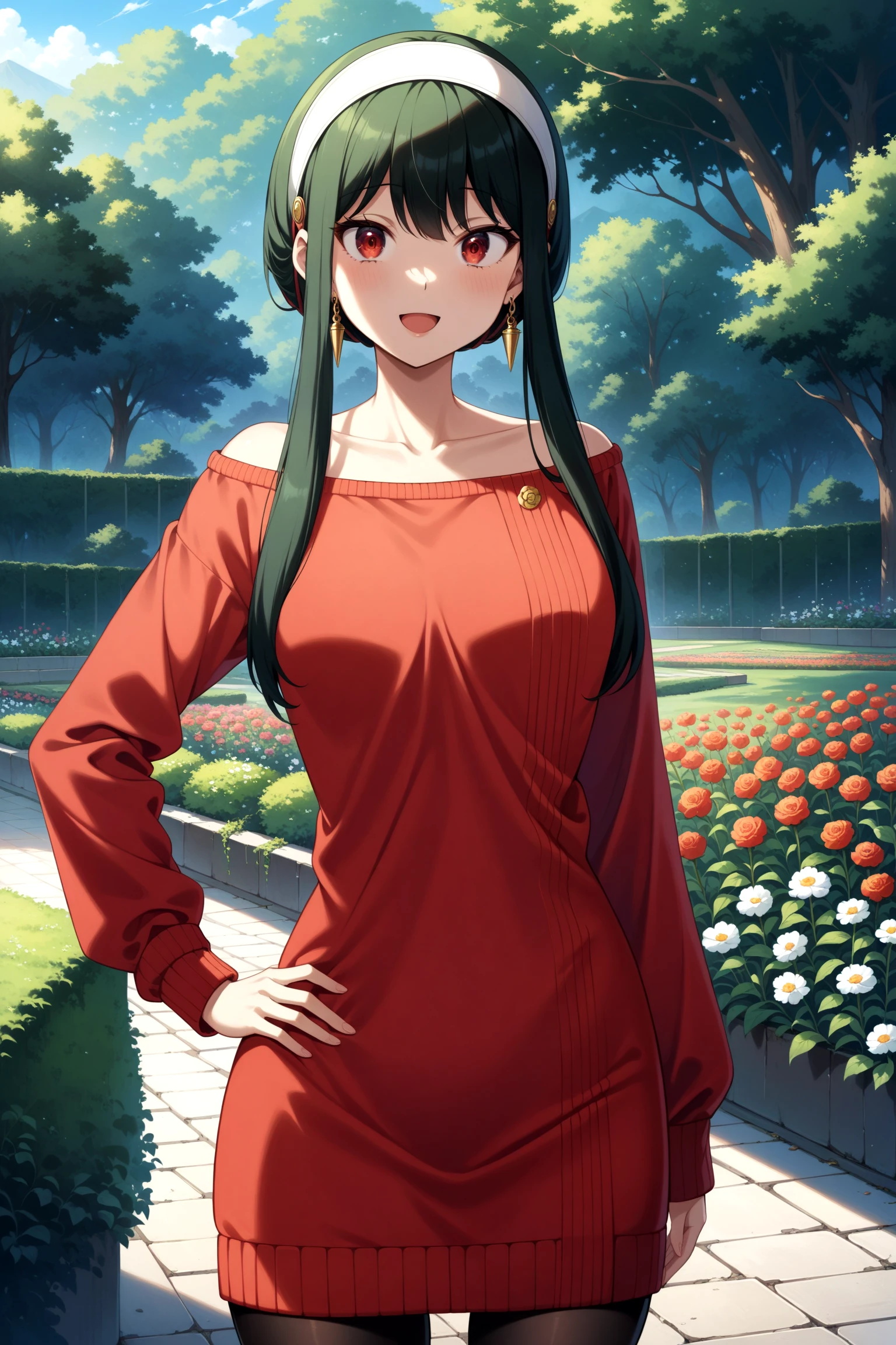(masterpiece, best quality, very aesthetic, ultra detailed), intricate details, 4k, anime style, bbyorf, short hair with long locks, white hairband, red eyes, gold earrings, breasts, jewelry, off shoulder, red sweater, sweater dress, long sleeves, black pantyhose, <lora:yor_forger_XL_v1:0.9>, outdoors, garden, standing, cowboy shot, smile, open mouth, hand on hip,