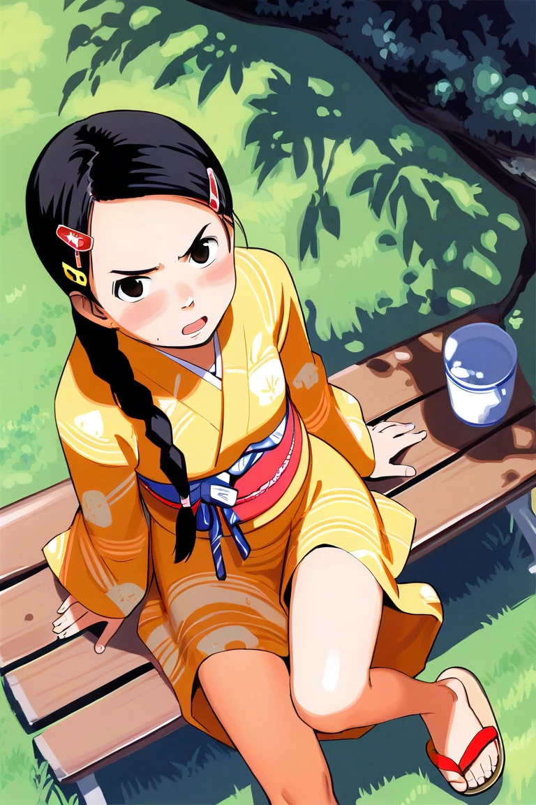 score_9, score_8_up, score_7_up, rating_safe BREAK
1girl, solo, looking at viewer, (suspicious:1.2), blush, braided ponytail, open mouth, blackhair, print yellow yukata, brown eyes, foreshortening, sitting, thighs, zouri, sandals, outdoors, sash, japanese clothes, hairclip, bench, leg up, feet, from above