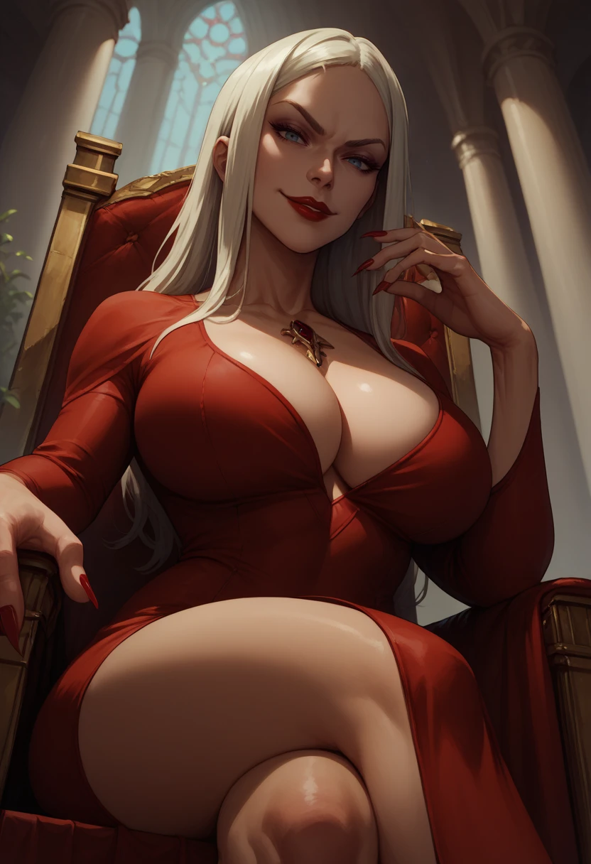 score_9, score_8_up, score_7_up, 1girl,cowboy shot, solo, karmilla, <lora:CarmillaPonyXL:0.8>, long hair, cleavage, huge breasts, pauldrons, red lips, red dress, sitting on throne, crossed legs, smirk, red nails, fingernails, from below,