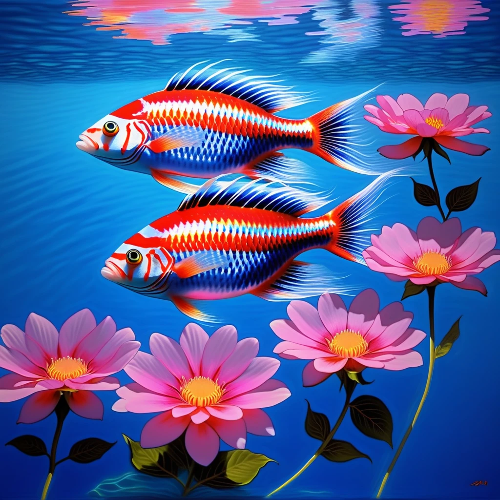 image of colorful fish swimming around a pink flower, in a body of clear water, vibrant colors of the fish, water ripples, realistic fish, 