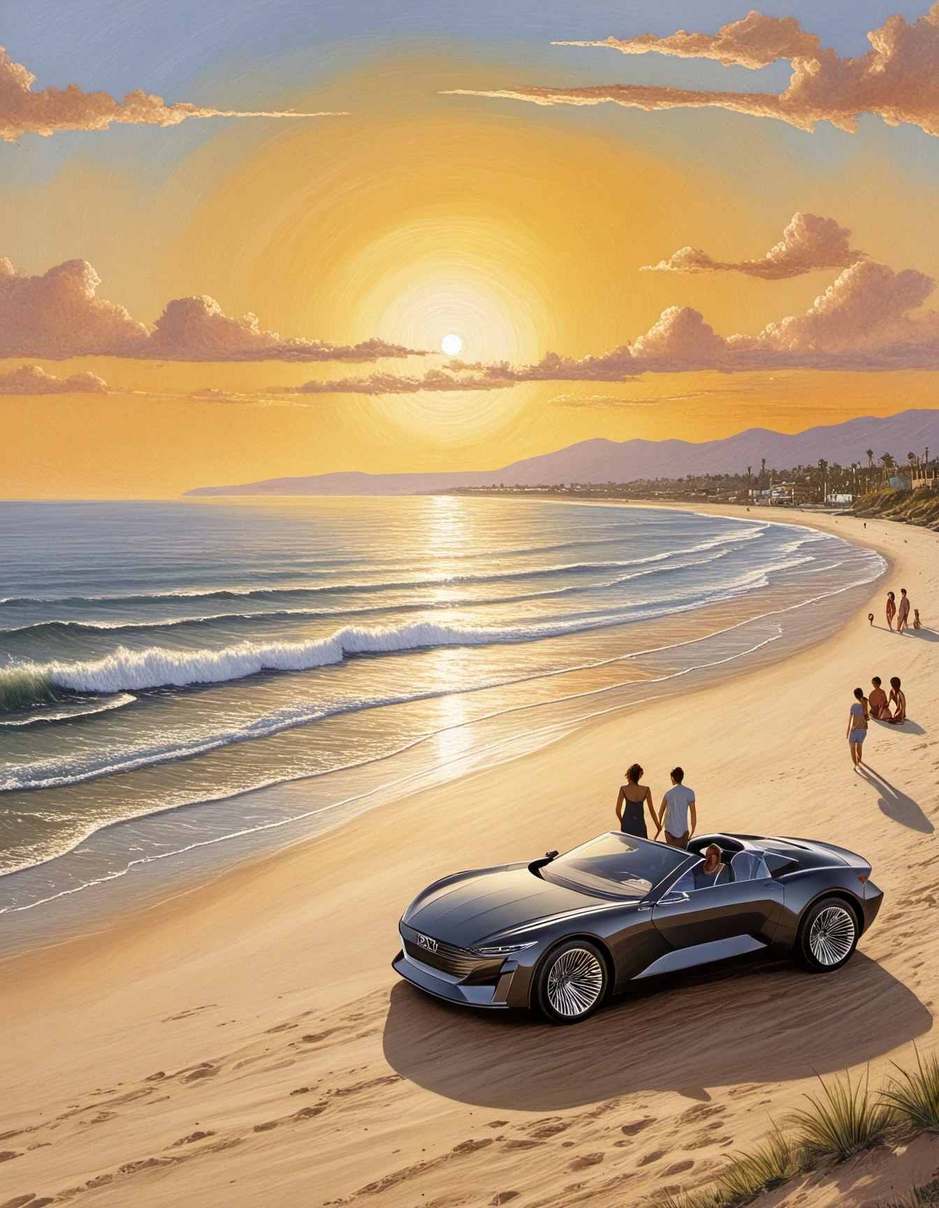 Audi, The image features a black sports car with a convertible top parked, This is an oil painting of a car on a beach, with a beautiful sunset in the background. The car is positioned in the center of the painting, and the beach is filled with people enjoying the day. There are at least ten people visible in the scene, scattered across the beach, some closer to the car and others further away. The painting captures the essence of a relaxing beach day with friends and a sleek sports car.