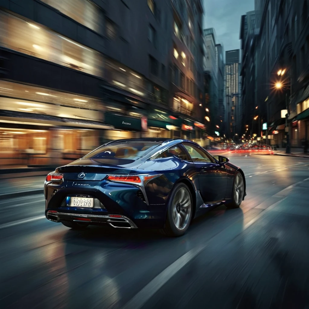 realistic photo of a black lexuslc car in the city, dark nighzt, headlights on, lights on, motion blur, from behind <lora:LexusLC_SDXL_v1:1> <lora:Dont_Stop_Me_Now:0.8>