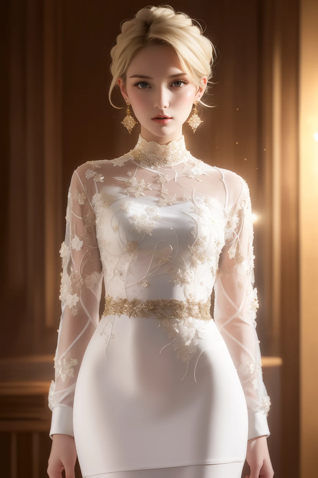 masterpiece,1girl,blonde,(white_skin:1.2),(medium breasts:1.1),dress,(white dress:1.3),(the ultimate dress detail),looking at viewer,long sleeves,standing,earrings,brown background,<lora:lbc_black_dress_240330_v1.0-000010:0.9>,