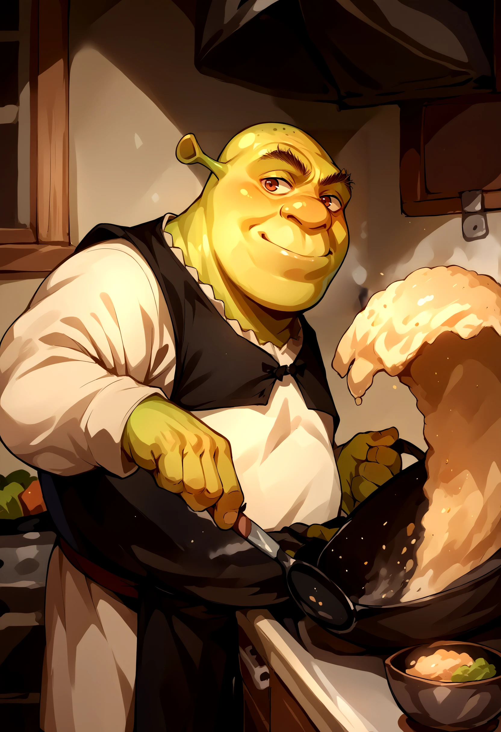 score_9, score_8_up, score_7_up, source_anime, 1boy, incrsfriedriceprankmeme, food, frying pan, holding, kitchen, <lora:FriedRicePrankMeme_XLPD:1>, apron, <lora:Shrek_XLPD:1> shrek, green skin, seductive smile,