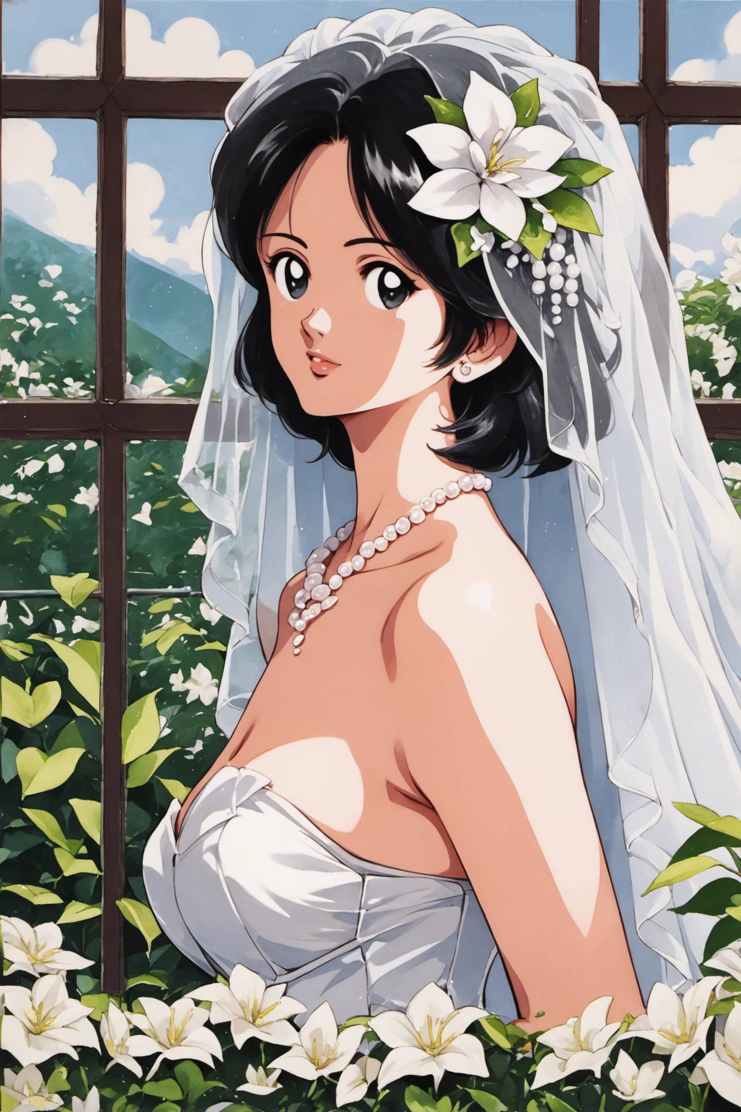 One girl, jewelry, alone, flower, necklace, Black Hair, dress, Medium Hair, hair ornaments, Veil, hair flower, white flower, wedding dress, window, Iris, leaf, Upper Body, white dress, pearl necklace, View your viewers, flower嫁, Traditional Media, bridal Veil, Nipples are visible