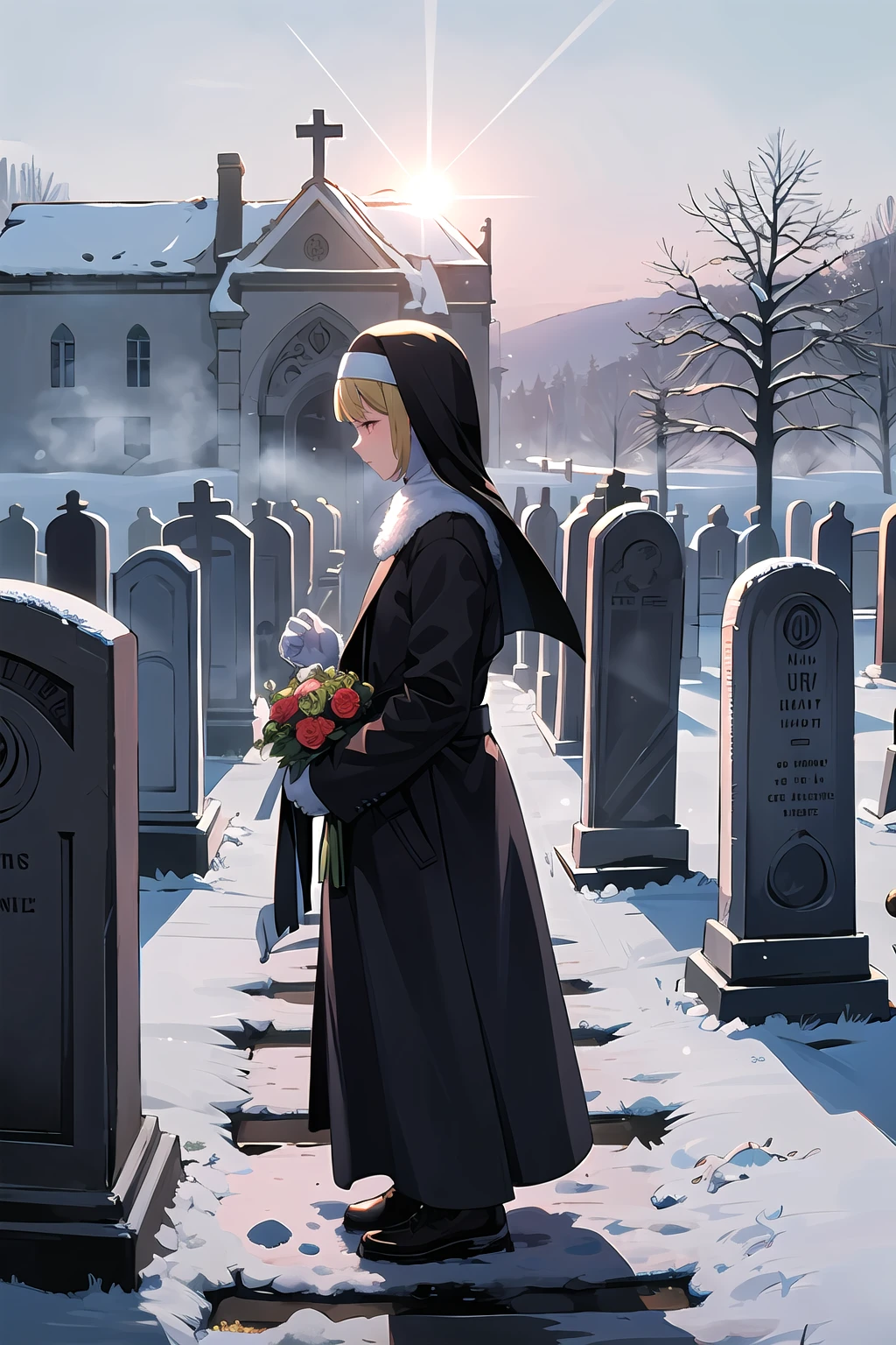 hires,high quality,best quality, graveyard-background,graveyard,tombstone,sun shafts, glowing flowers, lanterns,building, stone wall, from side, winter, snow, tombstones covered in snow, cross, nun, praying, winter coat
<lora:graveyard v1:0.7>