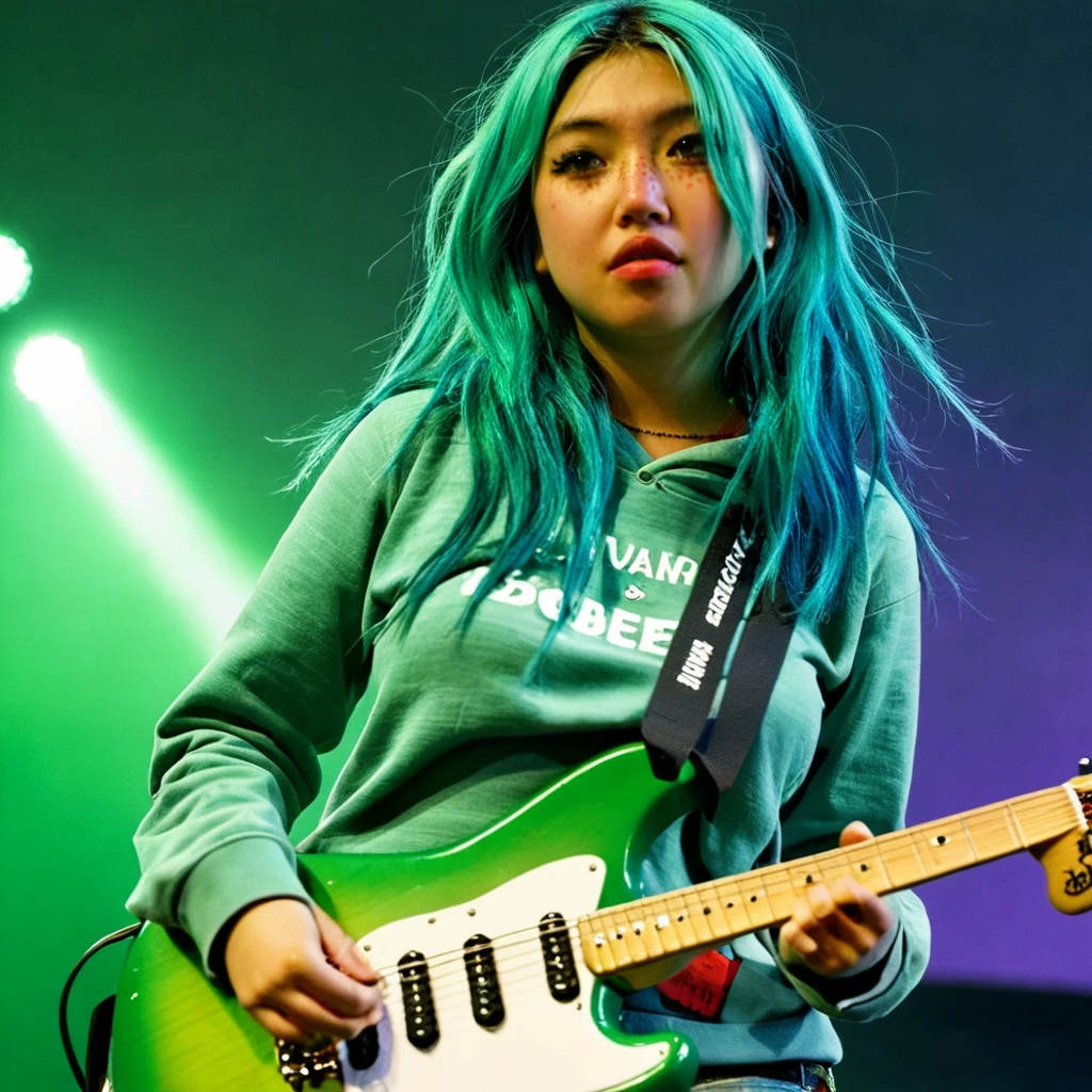 beabadoobee <lora:beabadoobee-SDXL_v1:1> a young woman onstage at a music festival playing a green electric guitar, wearing jeans and a hoodie, dyed blue hair, looking sultry