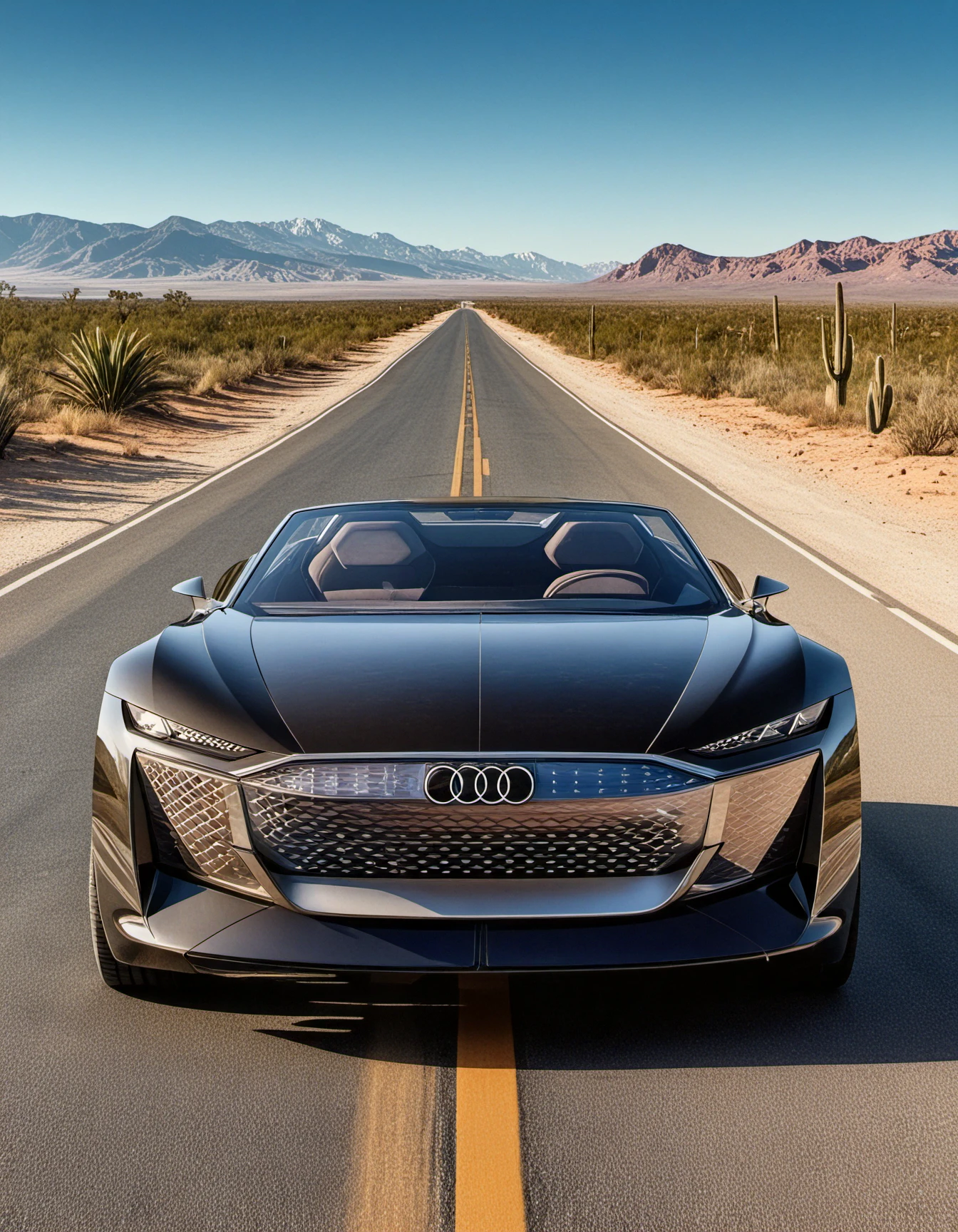 Audi, The image features a black sports car with a convertible top parked, This is a black sports car with a convertible top, driving down a road in a desert setting.