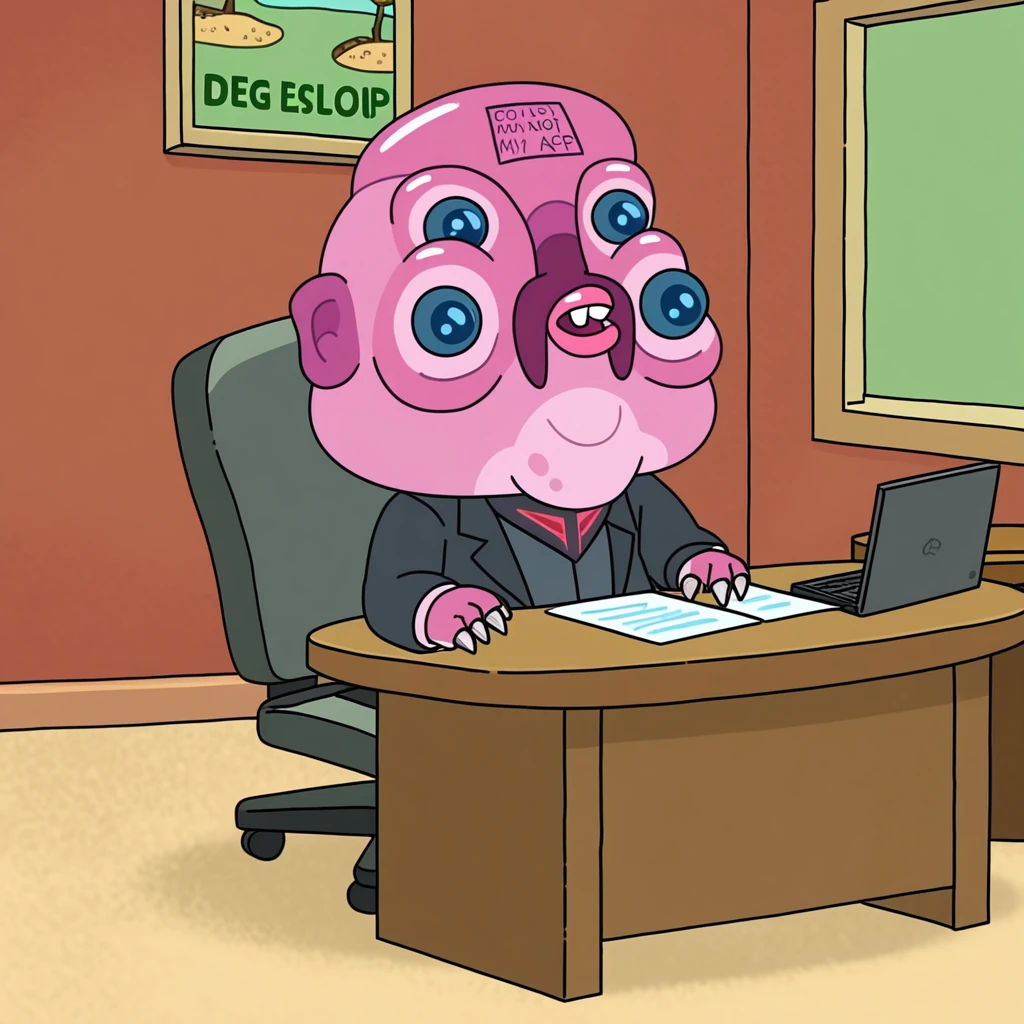 (western animation, cartoon :1.0), Glootie alien, wearing business suit, sitting at meeting table, in board room, full body, full shot
<lora:Glootie_AnimagineXL_V30_v2:.8>