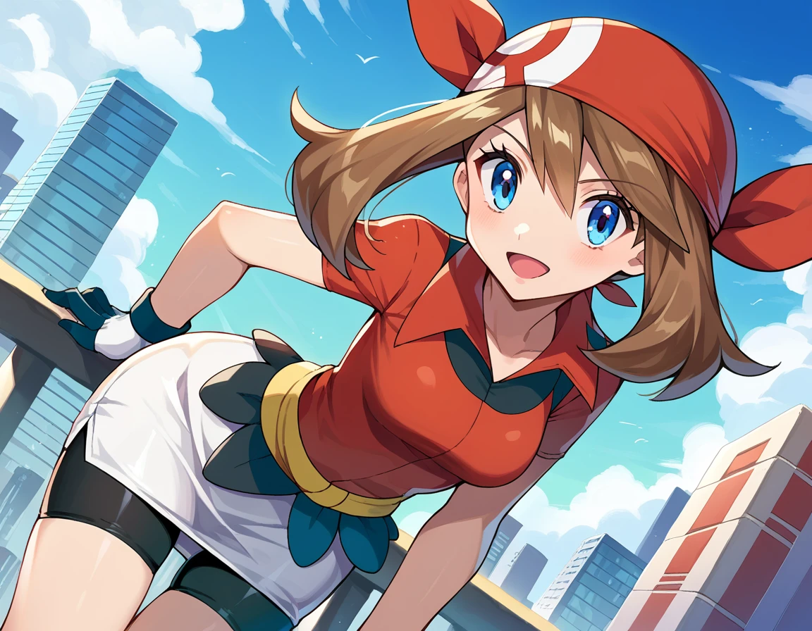 score_9, score_8_up, score_7_up, source_anime,
pokemonmay, <lora:pokemon-may-ponyxl-lora-nochekaiser:1>
pokemonmay, blue eyes, brown hair, bandana, long hair, red bandana, twintails, hair between eyes,
bike shorts, collared shirt, gloves, microskirt, multicolored shirt, pencil skirt, red shirt, shirt, short sleeves, skirt, white skirt,
outdoors, cityscape, bent over,
looking at viewer, cowboy shot, dutch angle,