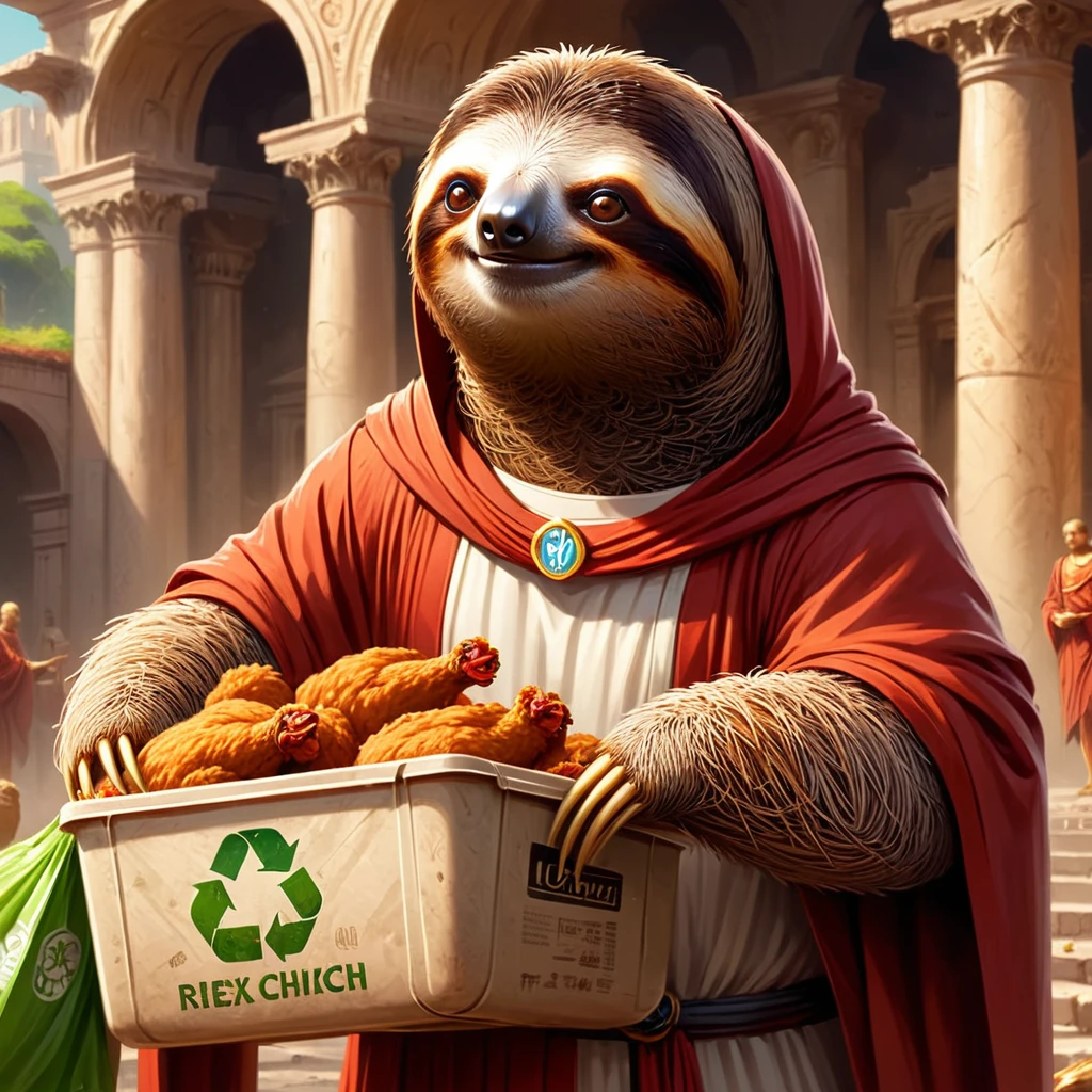 concept art <lora:sl0th-000007:0.7> , sloth wearing ancient rome robes, holding a recyling bin filled with fried chicken, happy, digital artwork, illustrative, painterly, matte painting, highly detailed