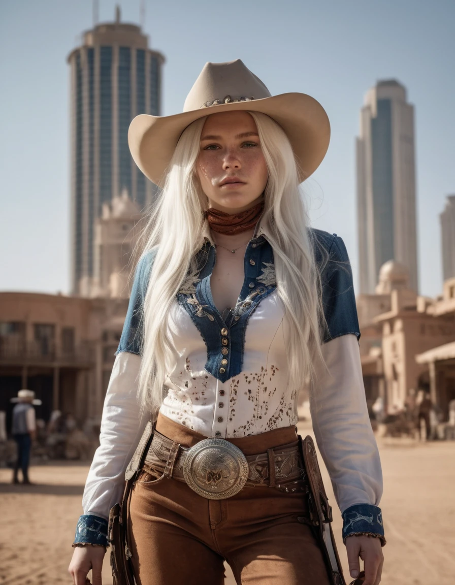 A photo of a (young girl:1.3), (long white hair:1.1), (freckles:1.1), wearing a (cowgirl outfit:1.3), (contrasting against the backdrop of a 3000 future city:1.2), with (Western-inspired clothing and accessories:1.2), (neo-classical architecture towering above her:1.1), (dust from the desert streets swirling at her feet:1.1), (ultra-high definition resolution:1.1), (captured using a Sony A7S III:1.1), 1/250s, f/5.6, ISO 500, (deep contrast of light and shadow:1.1), (edited in Capture One:1.1), professional grade.