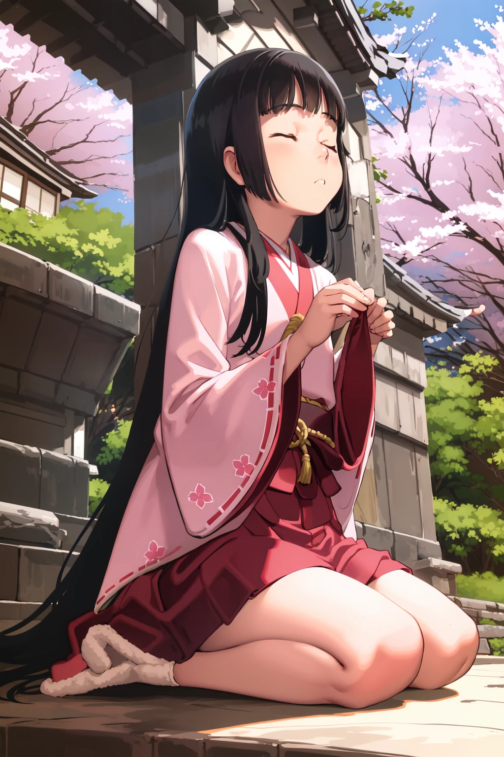 (sketch:1.25), 1girl, blunt bangs, (hime cut, absurdly long hair:1.2), shiny black hair, closed eyes, flat chest BREAK hands on own thighs, miko, long sleeves, red skirt, japanese clothes, tabi BREAK on floor, (seiza), from side, full body, wide shot BREAK detailed background, (outside:1.2), shrine, (cherry blossoms:1.1)