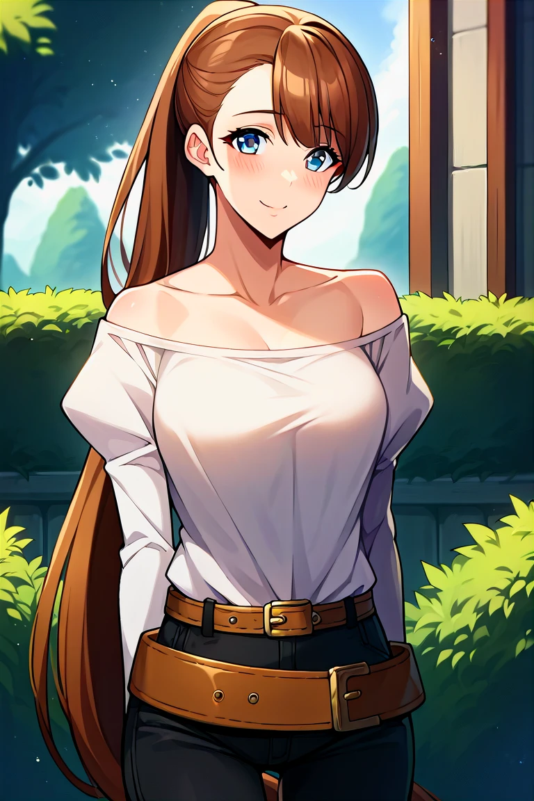 Lake Izu,((Highest quality)), ((masterpiece)), (be familiar with), One female,(Small breasts),Long Hair, Brown Hair, Brown eyes,White shirt,Exposing shoulders,((????? nipples))