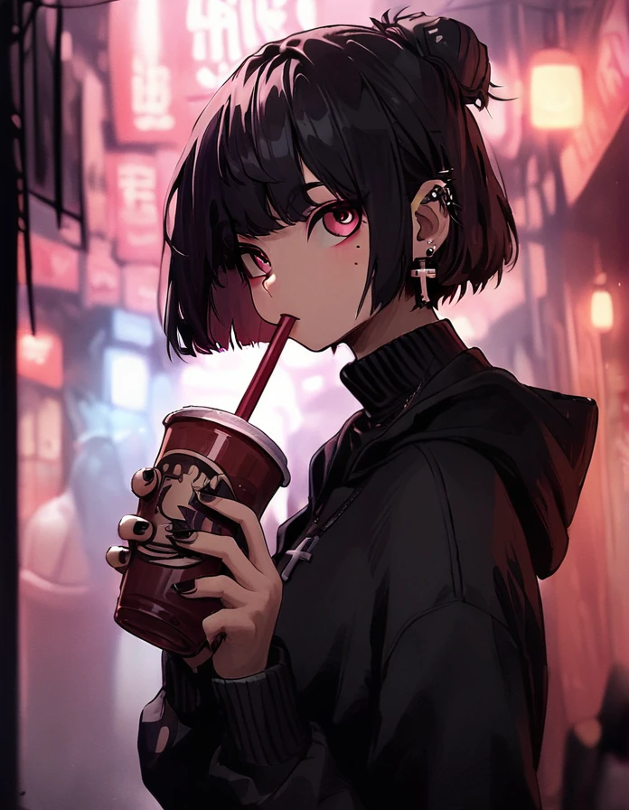 score_9, score_8_up, score_7_up, <lora:LowKeyLightsPony:0.8>LowKeyLights,1girl,solo,looking at viewer,short hair,bangs,black hair,long sleeves,holding,jewelry,upper body,earrings,hood,pink eyes,hair bun,nail polish,mole,blurry,from side,sweater,cup,mole under eye,hoodie,blurry background,turtleneck,piercing,single hair bun,bob cut,cross,ear piercing,black nails,holding cup,drinking straw,drinking,black sweater,disposable cup,drinking straw in mouth