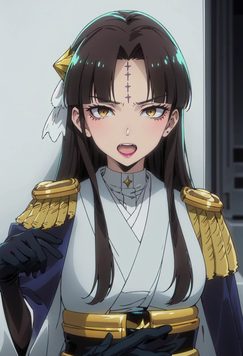 best quality, masterpiece, highres, solo, (michiko_tanaka_mahoushoujoniakogarete:1.10), 1girl, forehead mark, epaulettes, japanese clothes, looking at viewer, open mouth, black gloves, lipstick, anime_style, 1 <lora:michiko_tanaka_mahoushoujoniakogarete:0.80>