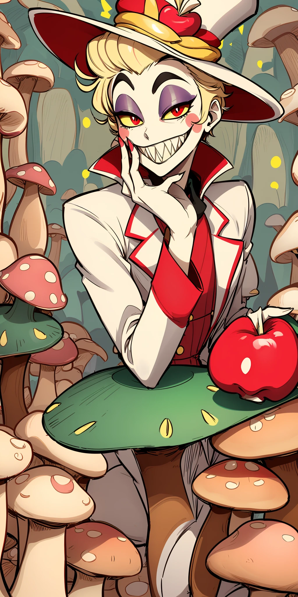 (masterpiece), best quality, (perfect face, blush stickers, grin, sharp teeth, colored skin, makeup), 1boy, male focus, solo, (blonde hair, short hair), (top hat, apple, hat, white headwear), (red eyes, yellow sclera, colored sclera), (mushroom forest background:1.2), (kesa:1.2), (Mimicking a yoga pose :1) cartoon, <lora:Lucifer-003-000013:0.8>