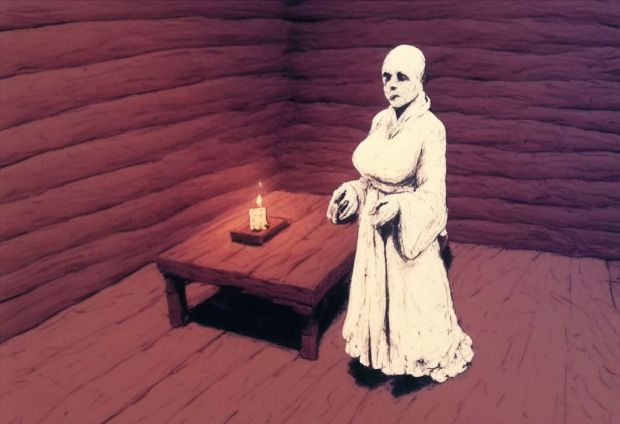 score_9, score_8_up, score_7_up, solo, (female:1.5), big breasts, (1girl:1.5), (hands:1.5), white robe, old cabin interior, candle, light beam, table, (potets:1.6), standing, full body, halo