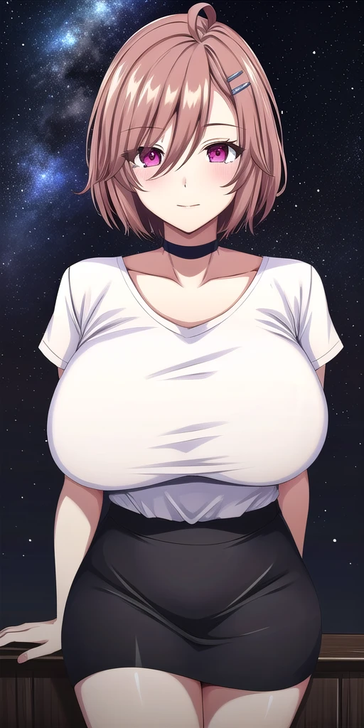 <lora:MomodateMarinV2:.7>, MomodateMarin, huge_breasts, standing, solo, choker, white_shirt, black_miniskirt, starry_sky, hairclip,, masterpiece, best_quality, detailed_face, detailed_eyes, highres, beautiful, detailed, absurdres,