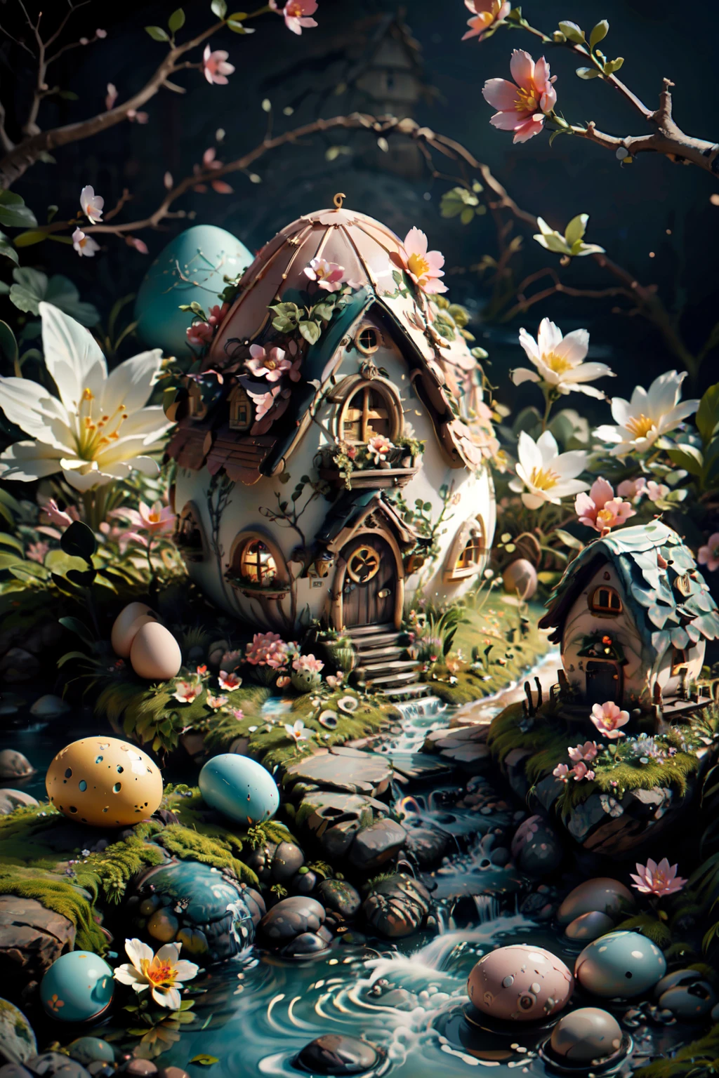 ((masterpiece,best quality)), absurdres, <lora:Easter_Egg_Home:0.7>, Easter Egg Home, flower, pink flower, <lora:EdobSyFyHorrorFairyTale_v1.0:0.8>, EdobFairyTaleLandscape, village, a village of egg houses near a babbling brook, waterfall, bridge,