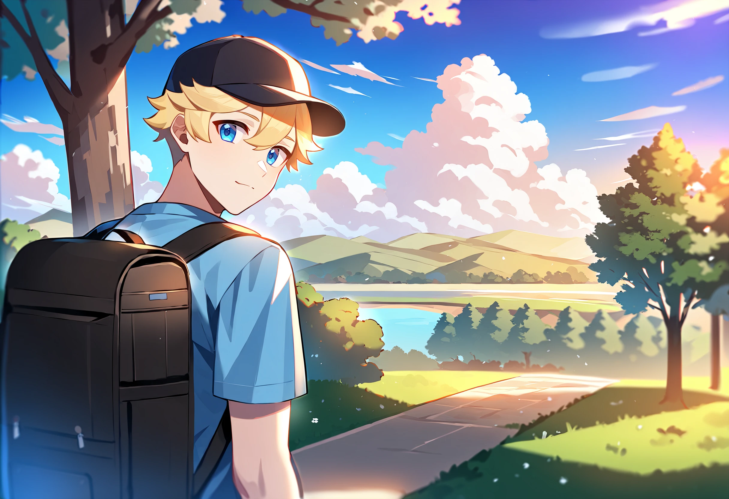 1boy, male focus, scenery, sky, cloud, tree, baseball cap, hat, backpack, bag, solo, looking back, blonde hair, blue eyes, short hair, best quality, amazing quality, best aesthetic, absurdres