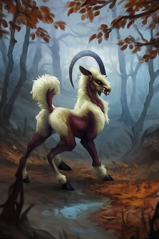 (mesmerize,) solo, (fangs,) hooves, (horn,) ((one big horn,)) long horn, feral, quadruped, equine, fluffy tail, looking at viewer, forest, autumn, foggy, detailed background, best quality, bright colors, masterpiece, depth of field, highly detailed, by nomax, by hioshiru